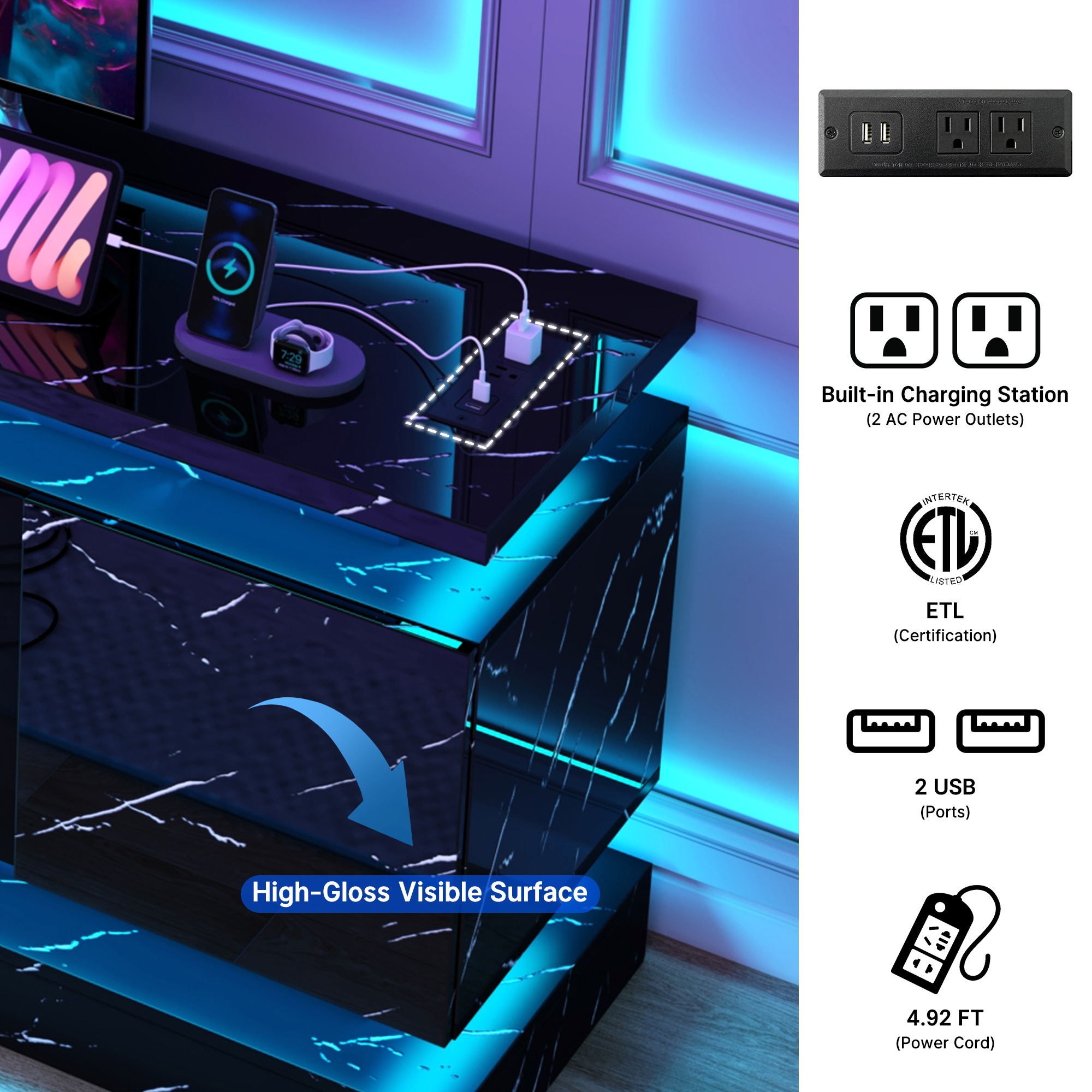 Blotout 71" Fireplace TV Stand with 40" Fireplace, LED Lights & Power Outlet for 85/80/75 Inch TV, Modern Gaming Entertainment Center w/ High Gloss Cabinet, Media TV Console for Living Room, Marble