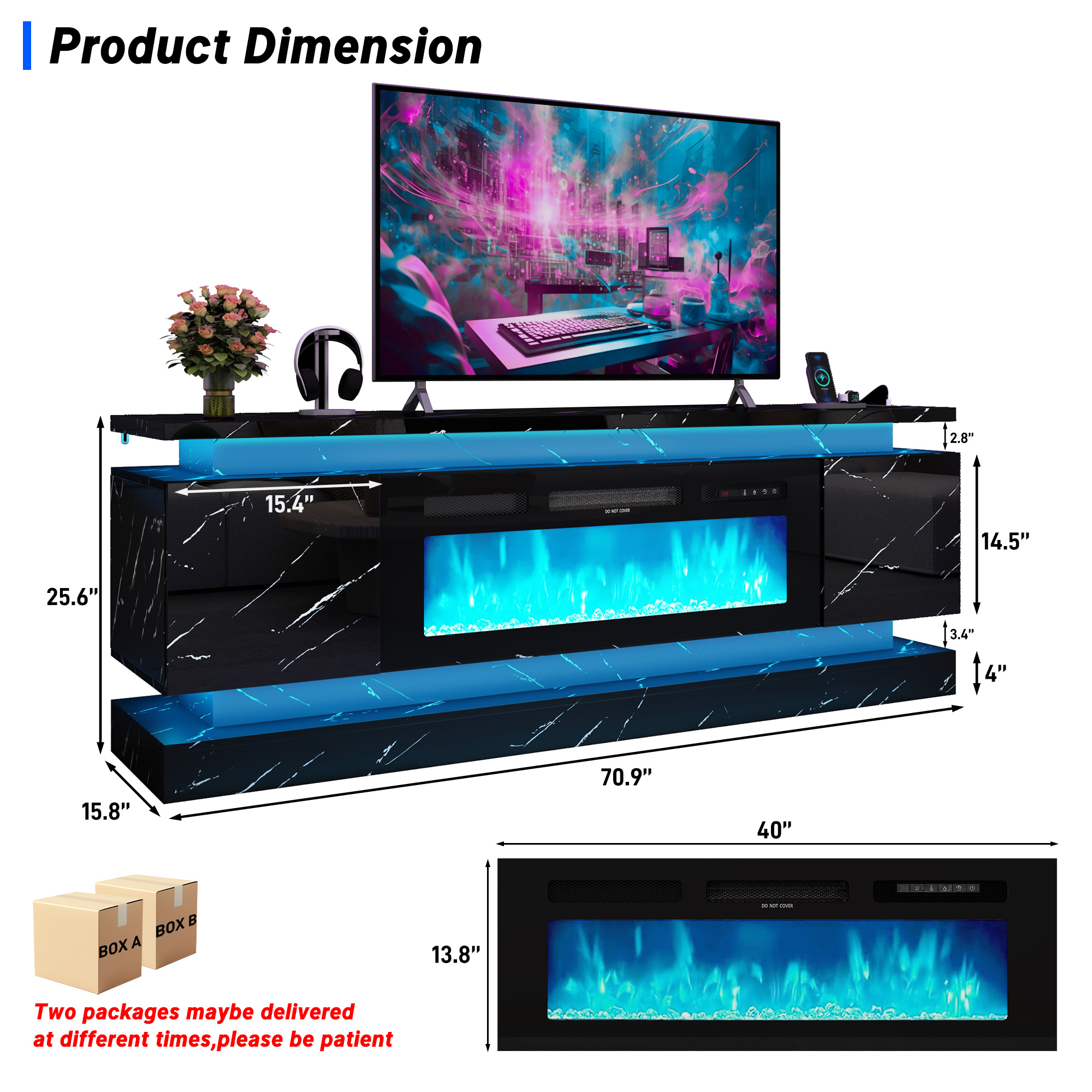 Blotout 71" Fireplace TV Stand with 40" Fireplace, LED Lights & Power Outlet for 85/80/75 Inch TV, Modern Gaming Entertainment Center w/ High Gloss Cabinet, Media TV Console for Living Room, Marble