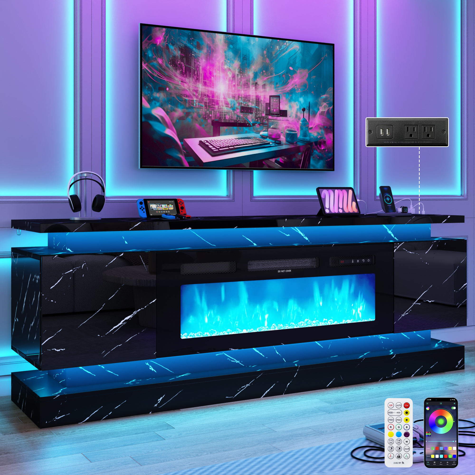 Blotout 71" Fireplace TV Stand with 40" Fireplace, LED Lights & Power Outlet for 85/80/75 Inch TV, Modern Gaming Entertainment Center w/ High Gloss Cabinet, Media TV Console for Living Room, Marble