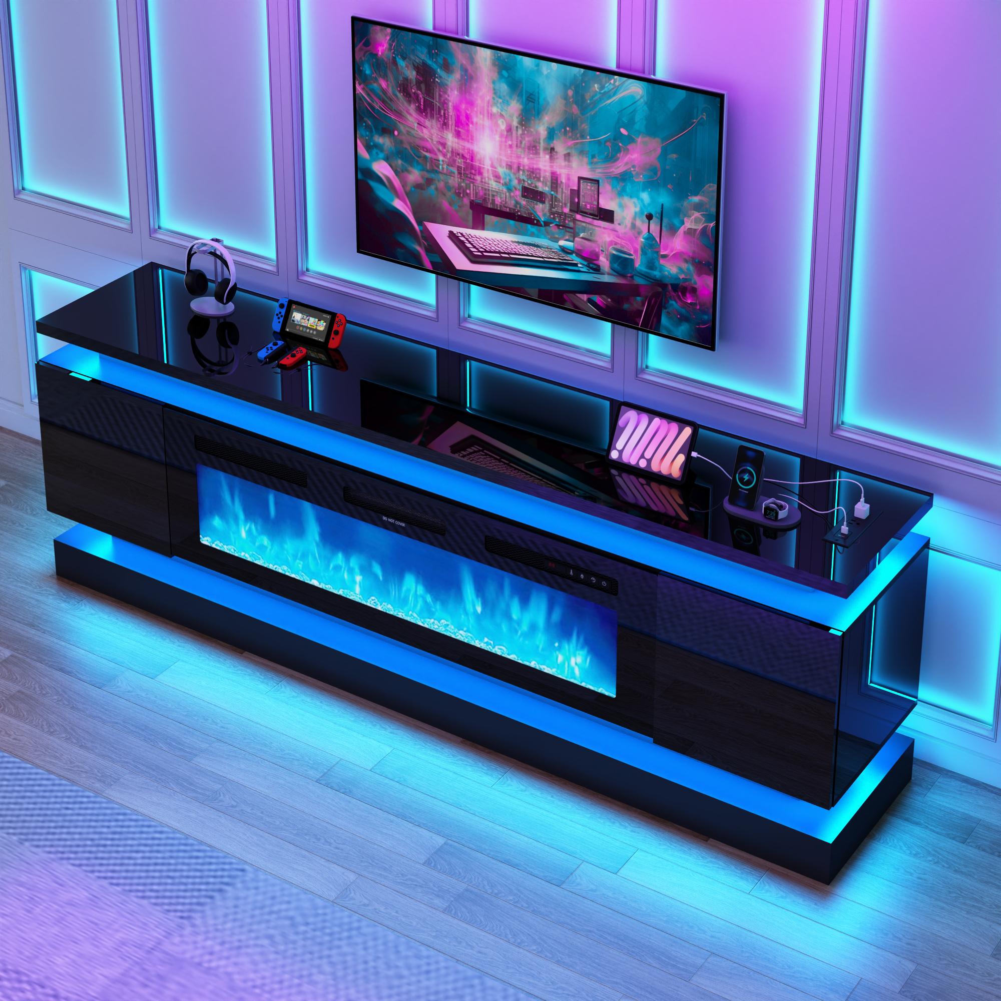 Blotout 81" Fireplace TV Stand with 50" Fireplace, LED Lights & Power Outlet for 90/85/80 Inch TV, Modern Gaming Entertainment Center with High Gloss Cabinet, Media TV Console for Living Room