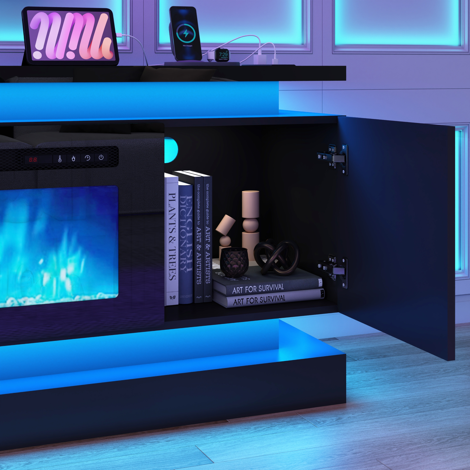 Blotout 81" Fireplace TV Stand with 50" Fireplace, LED Lights & Power Outlet for 90/85/80 Inch TV, Modern Gaming Entertainment Center with High Gloss Cabinet, Media TV Console for Living Room