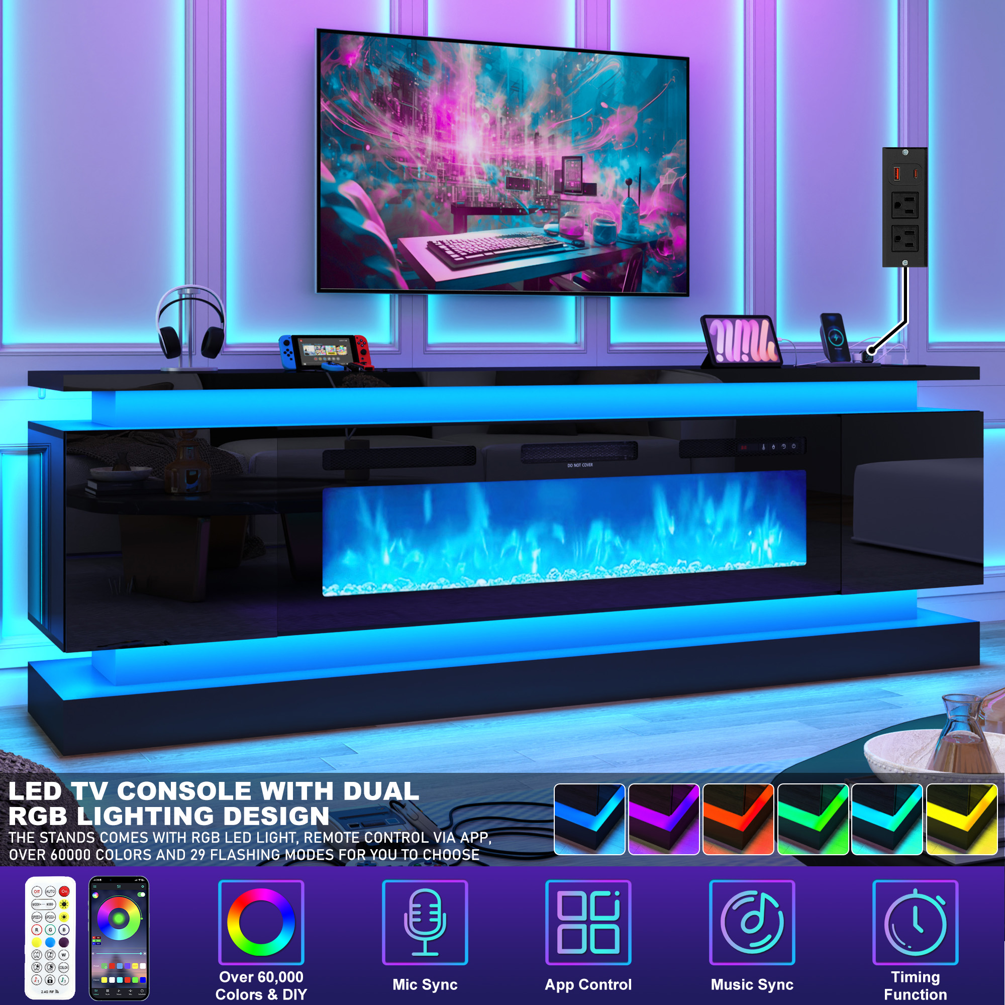 Blotout 81" Fireplace TV Stand with 50" Fireplace, LED Lights & Power Outlet for 90/85/80 Inch TV, Modern Gaming Entertainment Center with High Gloss Cabinet, Media TV Console for Living Room