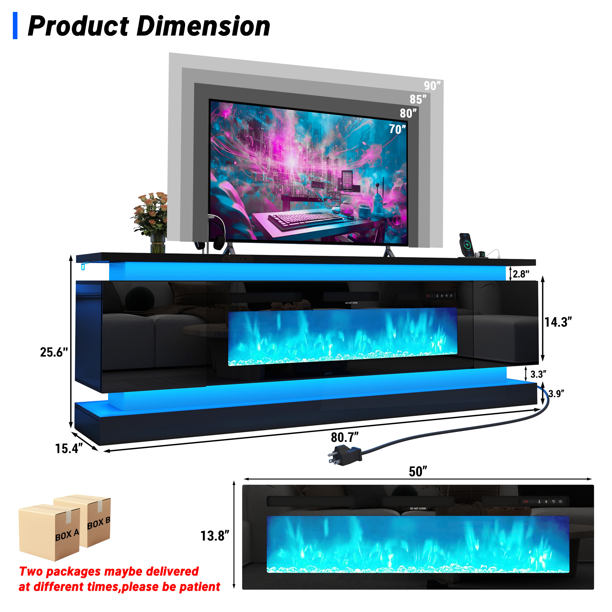 Blotout 81" Fireplace TV Stand with 50" Fireplace, LED Lights & Power Outlet for 90/85/80 Inch TV, Modern Gaming Entertainment Center with High Gloss Cabinet, Media TV Console for Living Room