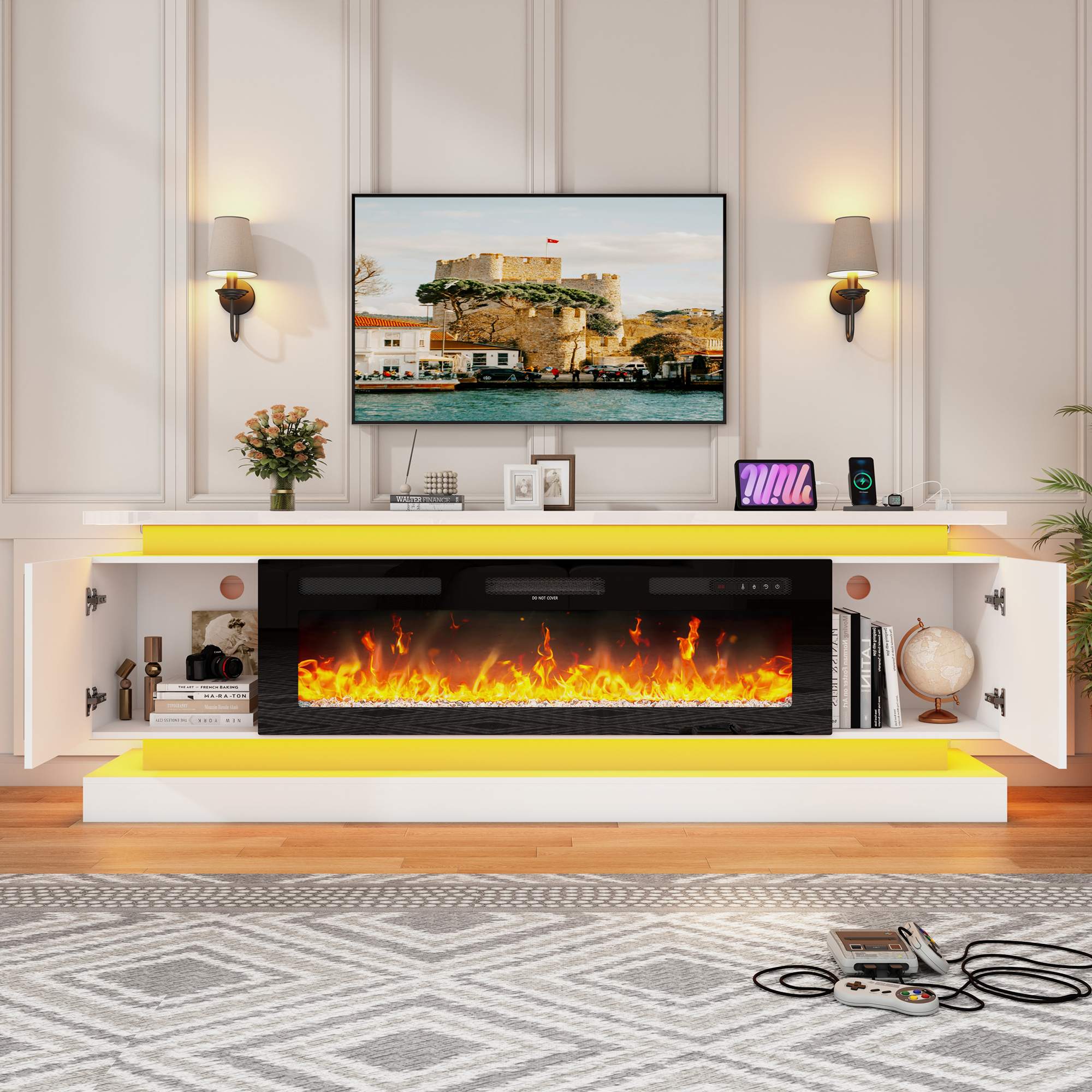 Blotout 81" Fireplace TV Stand with 50" Fireplace, LED Lights & Power Outlet for 90/85/80 Inch TV, Modern Gaming Entertainment Center with High Gloss Cabinet, Media TV Console for Living Room