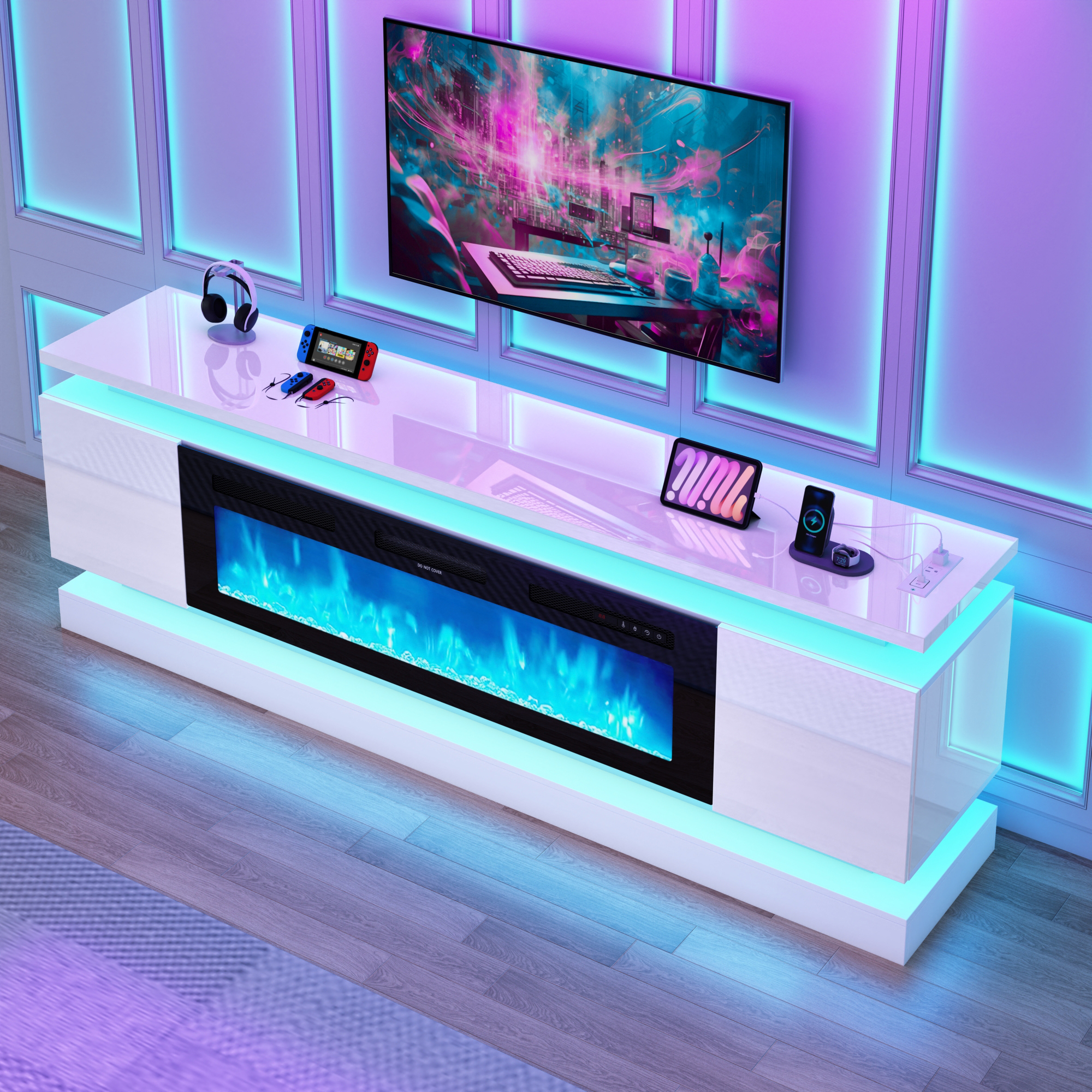 Blotout 81" Fireplace TV Stand with 50" Fireplace, LED Lights & Power Outlet for 90/85/80 Inch TV, Modern Gaming Entertainment Center with High Gloss Cabinet, Media TV Console for Living Room