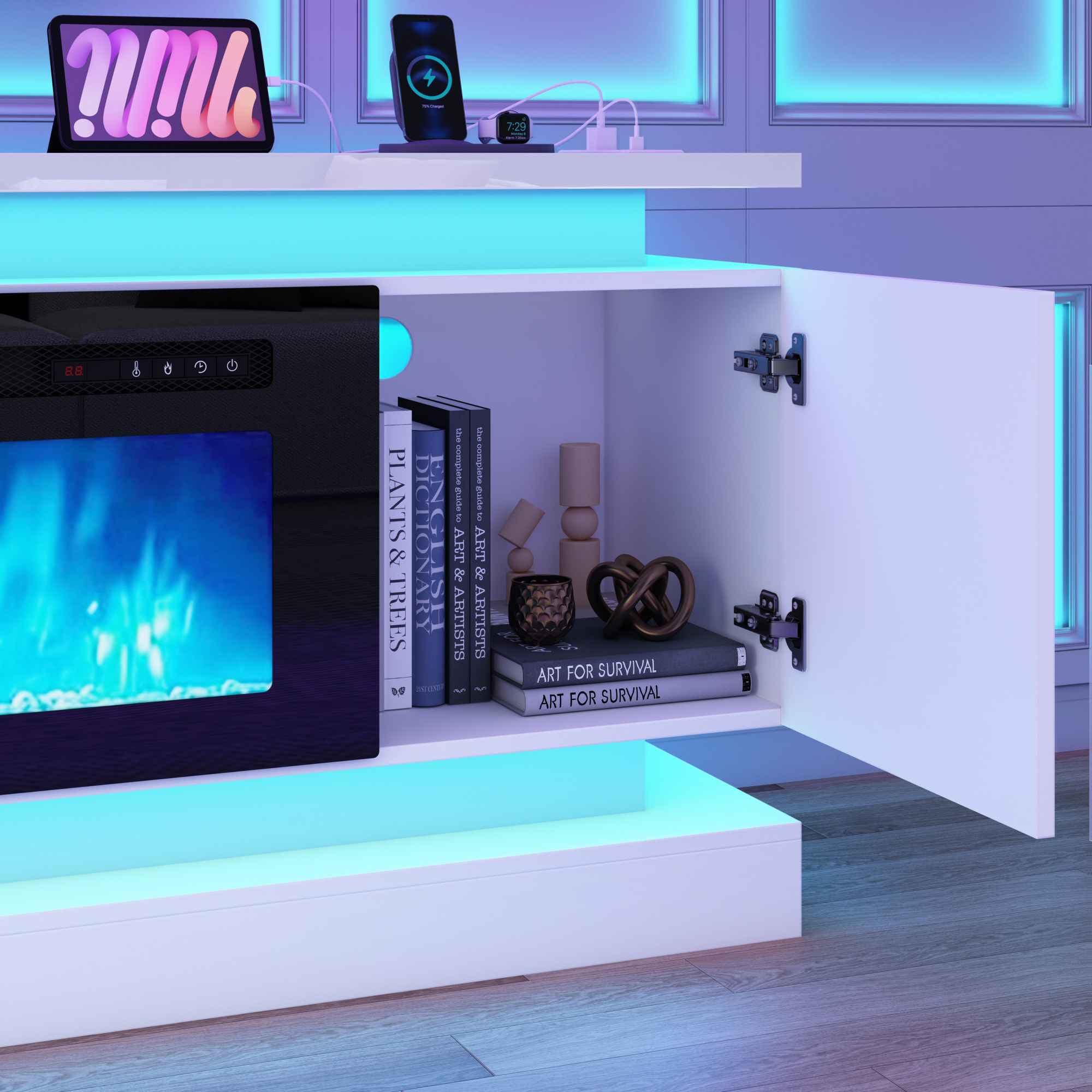 Blotout 81" Fireplace TV Stand with 50" Fireplace, LED Lights & Power Outlet for 90/85/80 Inch TV, Modern Gaming Entertainment Center with High Gloss Cabinet, Media TV Console for Living Room