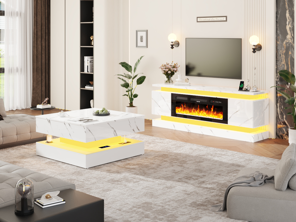 Blotout 71" Fireplace TV Stand with 40" Fireplace, LED Lights & Power Outlet for 85/80/75 Inch TV, Modern Gaming Entertainment Center w/ High Gloss Cabinet, Media TV Console for Living Room, Marble