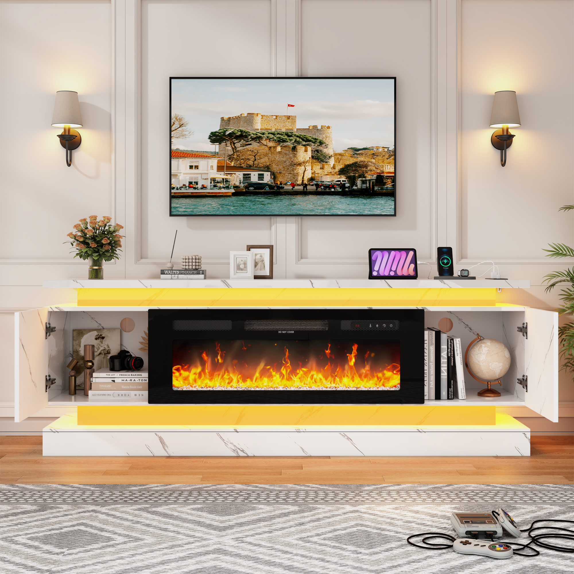 Blotout 71" Fireplace TV Stand with 40" Fireplace, LED Lights & Power Outlet for 85/80/75 Inch TV, Modern Gaming Entertainment Center w/ High Gloss Cabinet, Media TV Console for Living Room, Marble