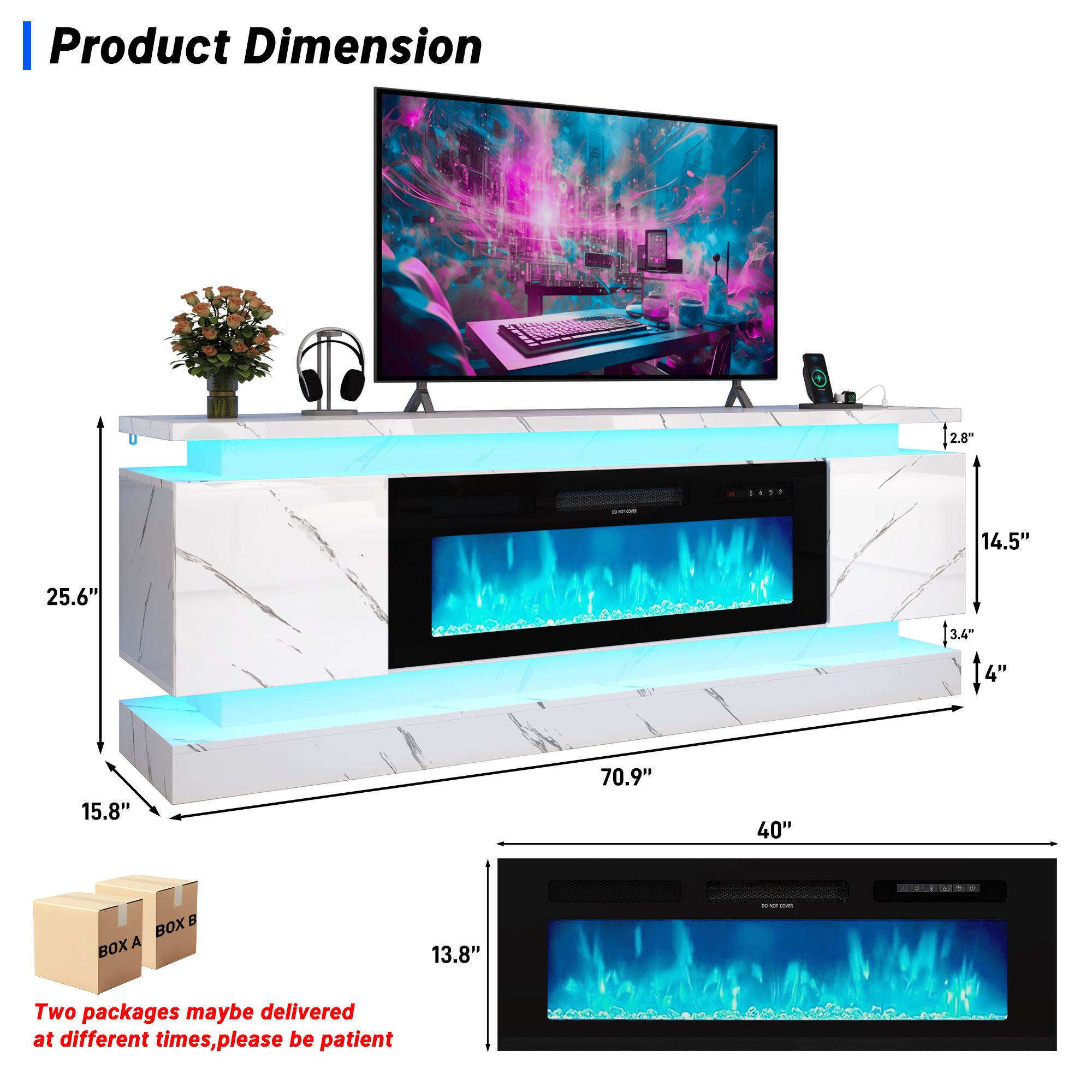 Blotout 71" Fireplace TV Stand with 40" Fireplace, LED Lights & Power Outlet for 85/80/75 Inch TV, Modern Gaming Entertainment Center w/ High Gloss Cabinet, Media TV Console for Living Room, Marble