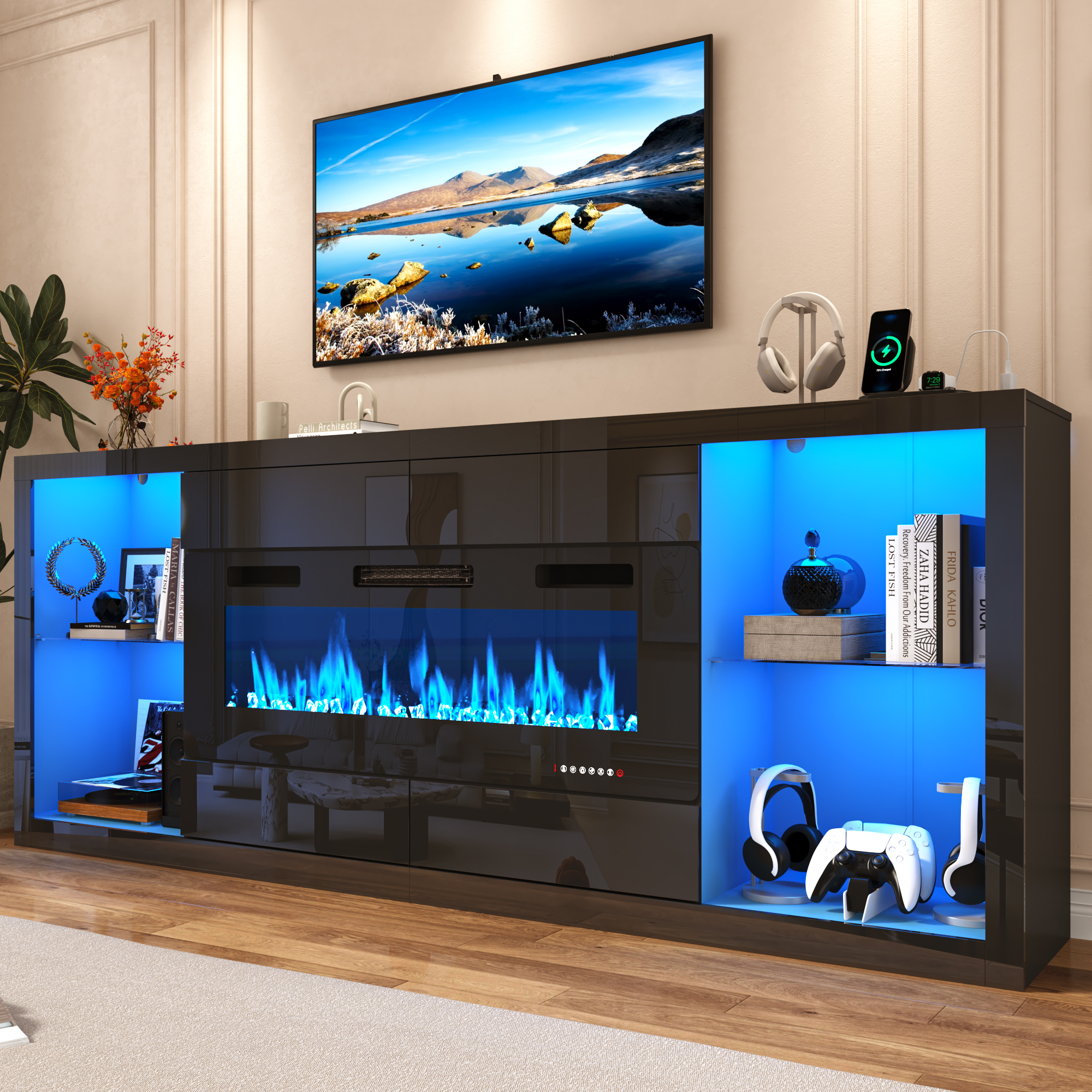 Blotout 94.5'' Fireplace TV Stand for 95/100''TV with 50'' Fireplace, LED Modern High Gloss Entertainment Center with Power Outlet, 4 Drawers, Adjustable Shelf, 2-Tier TV Console Cabinet