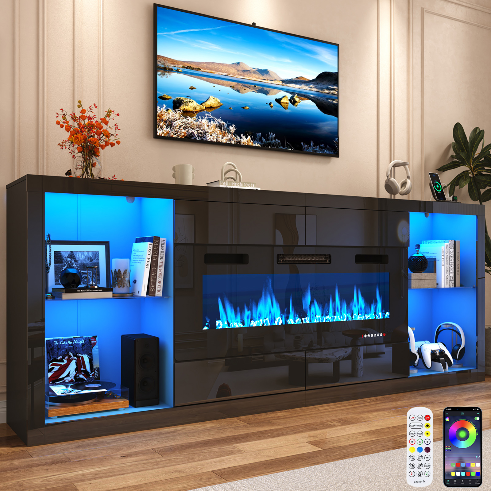 Blotout 94.5'' Fireplace TV Stand for 95/100''TV with 50'' Fireplace, LED Modern High Gloss Entertainment Center with Power Outlet, 4 Drawers, Adjustable Shelf, 2-Tier TV Console Cabinet