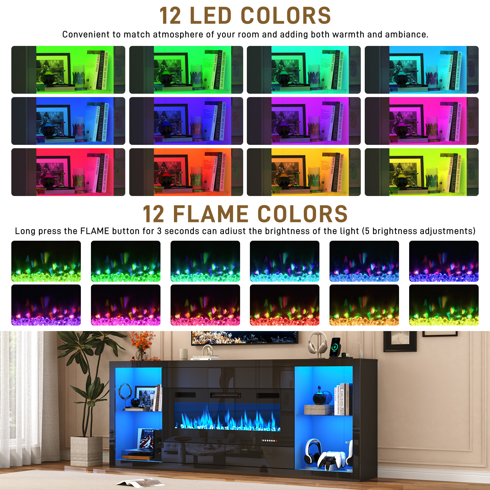 Blotout 94.5'' Fireplace TV Stand for 95/100''TV with 50'' Fireplace, LED Modern High Gloss Entertainment Center with Power Outlet, 4 Drawers, Adjustable Shelf, 2-Tier TV Console Cabinet