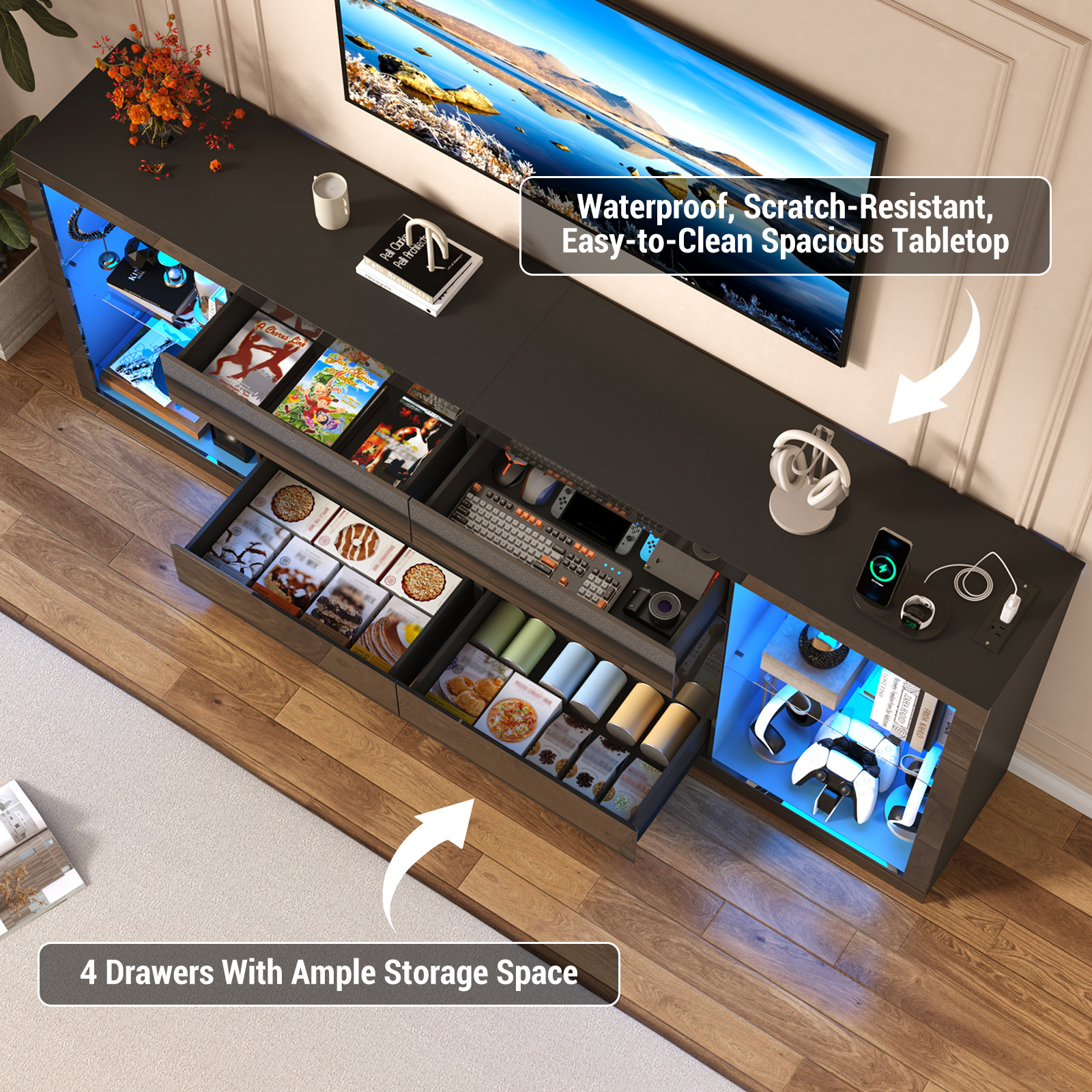 Blotout 94.5'' Fireplace TV Stand for 95/100''TV with 50'' Fireplace, LED Modern High Gloss Entertainment Center with Power Outlet, 4 Drawers, Adjustable Shelf, 2-Tier TV Console Cabinet