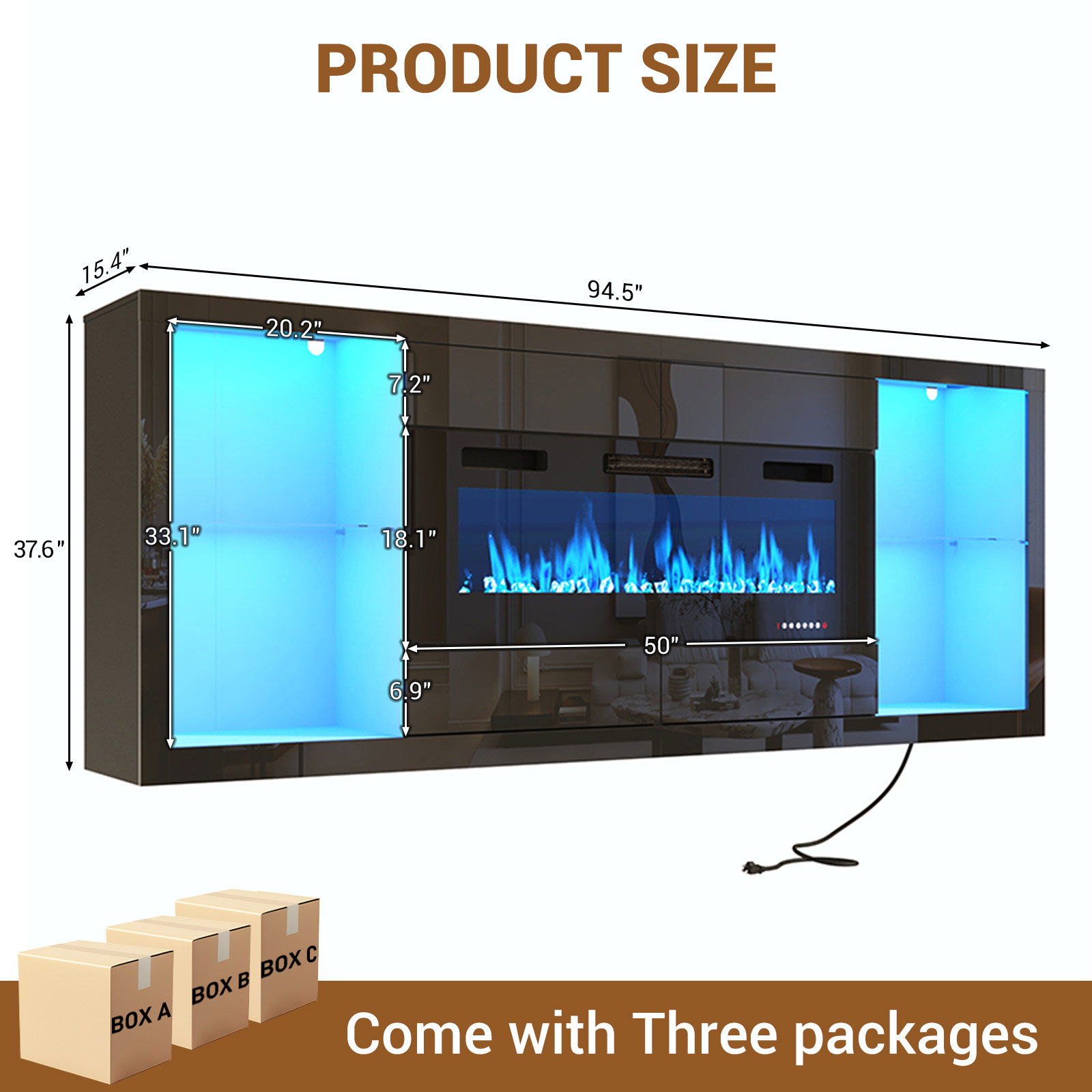 Blotout 94.5'' Fireplace TV Stand for 95/100''TV with 50'' Fireplace, LED Modern High Gloss Entertainment Center with Power Outlet, 4 Drawers, Adjustable Shelf, 2-Tier TV Console Cabinet