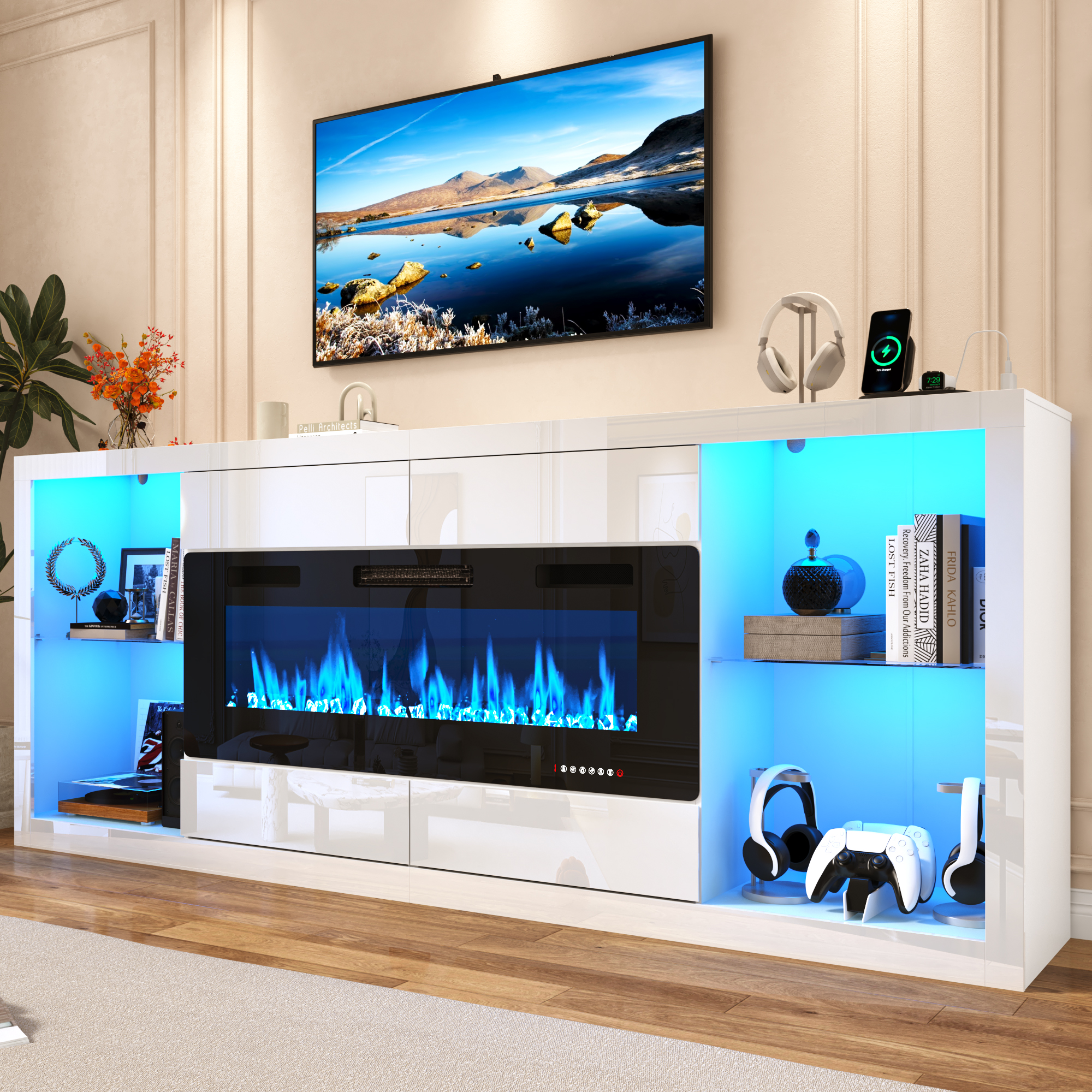 Blotout 94.5'' Fireplace TV Stand for 95/100''TV with 50'' Fireplace, LED Modern High Gloss Entertainment Center with Power Outlet, 4 Drawers, Adjustable Shelf, 2-Tier TV Console Cabinet