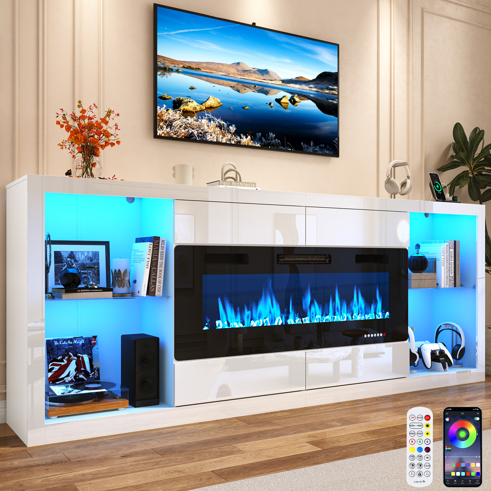 Blotout 94.5'' Fireplace TV Stand for 95/100''TV with 50'' Fireplace, LED Modern High Gloss Entertainment Center with Power Outlet, 4 Drawers, Adjustable Shelf, 2-Tier TV Console Cabinet