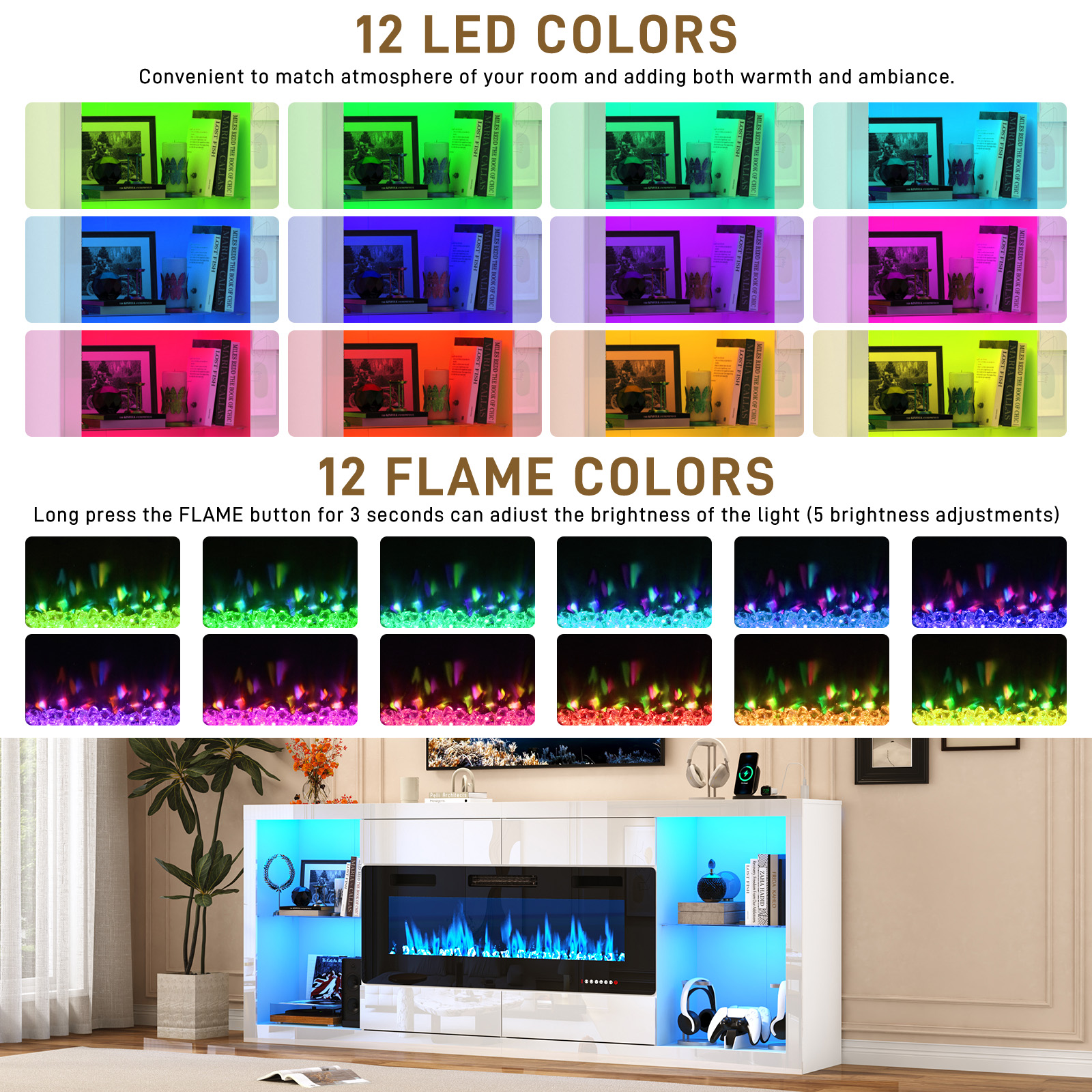 Blotout 94.5'' Fireplace TV Stand for 95/100''TV with 50'' Fireplace, LED Modern High Gloss Entertainment Center with Power Outlet, 4 Drawers, Adjustable Shelf, 2-Tier TV Console Cabinet