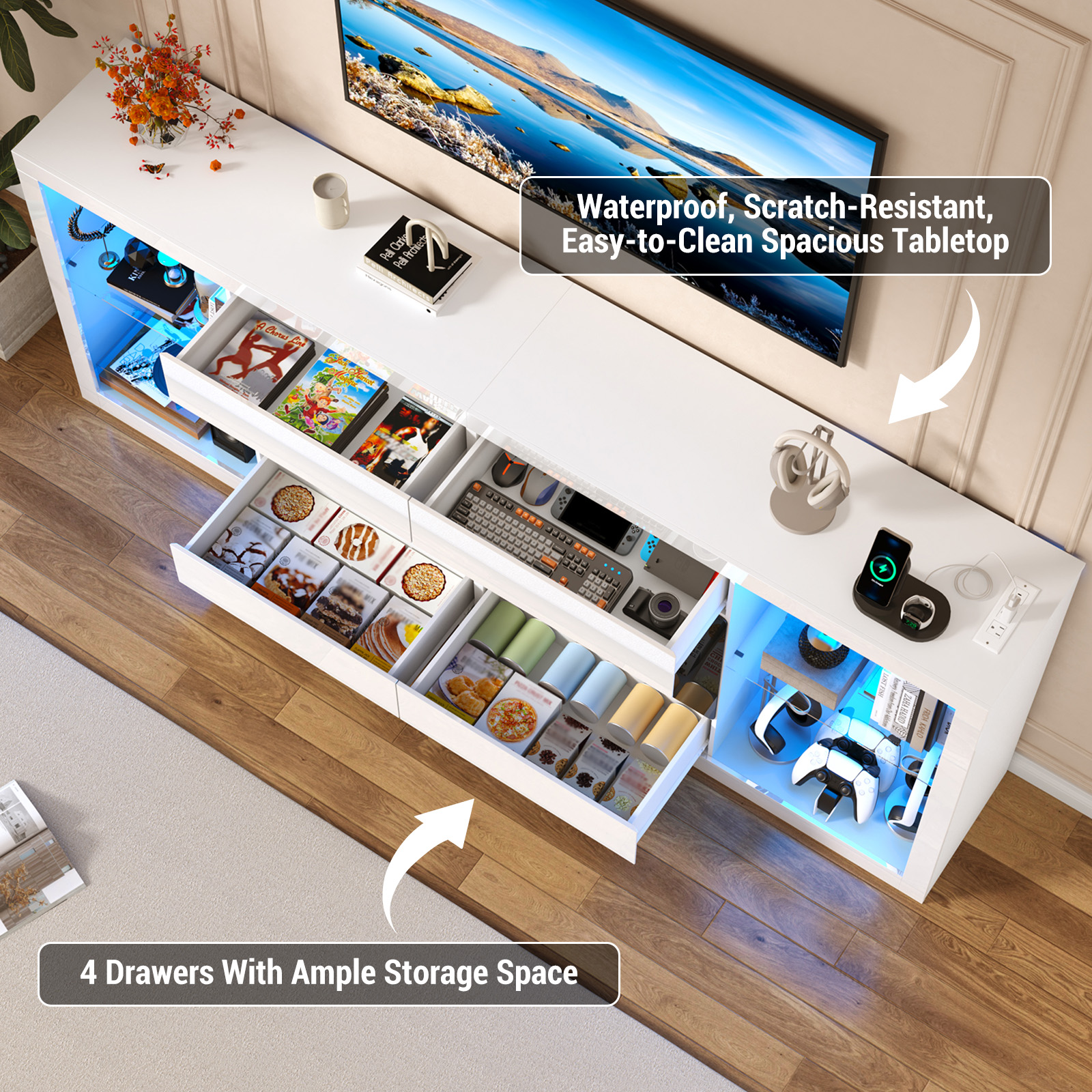 Blotout 94.5'' Fireplace TV Stand for 95/100''TV with 50'' Fireplace, LED Modern High Gloss Entertainment Center with Power Outlet, 4 Drawers, Adjustable Shelf, 2-Tier TV Console Cabinet
