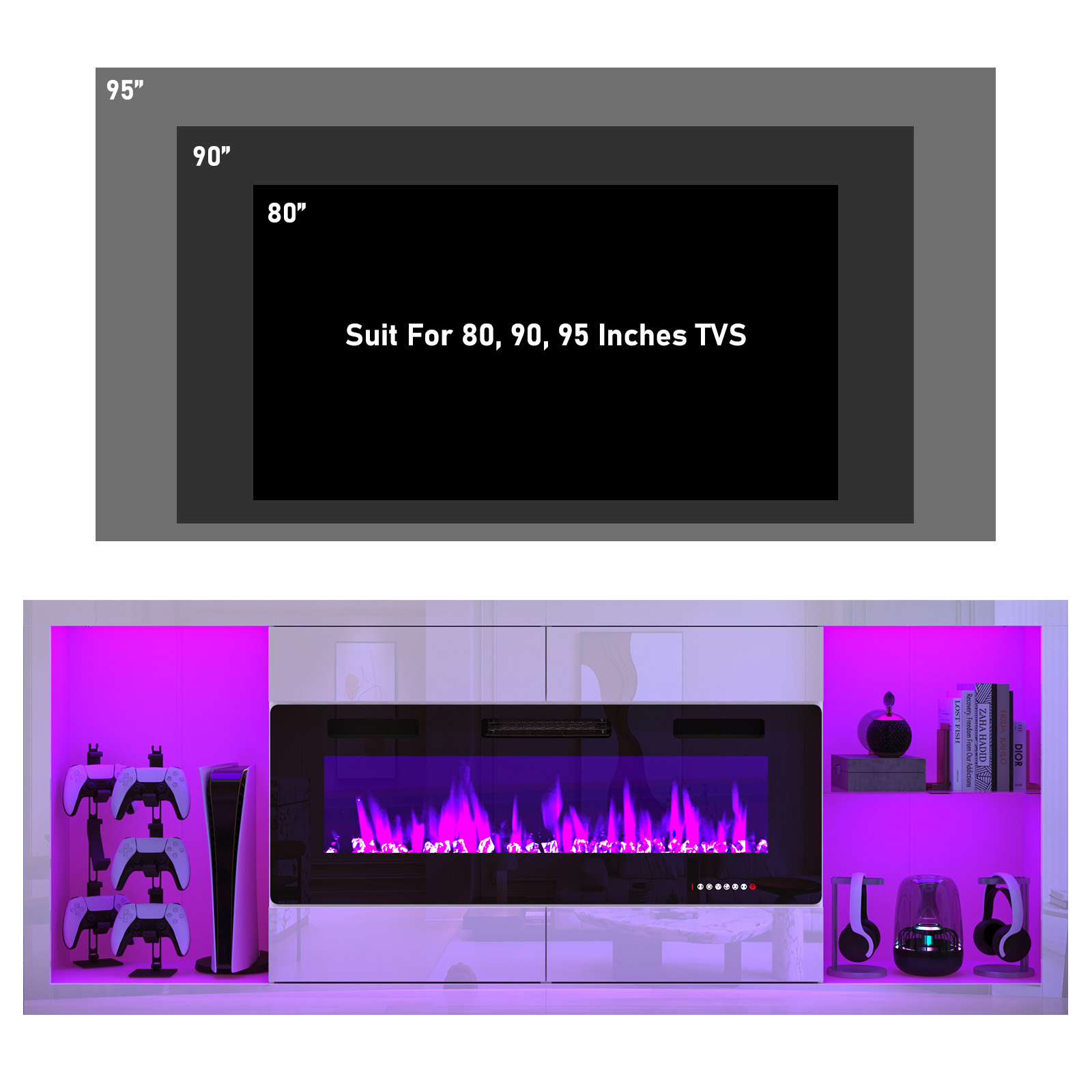 Blotout 94.5'' Fireplace TV Stand for 95/100''TV with 50'' Fireplace, LED Modern High Gloss Entertainment Center with Power Outlet, 4 Drawers, Adjustable Shelf, 2-Tier TV Console Cabinet