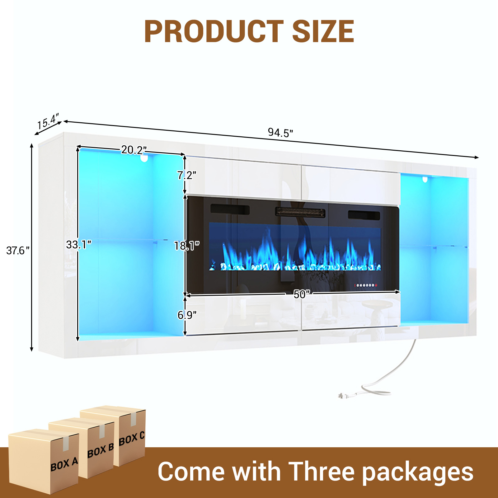 Blotout 94.5'' Fireplace TV Stand for 95/100''TV with 50'' Fireplace, LED Modern High Gloss Entertainment Center with Power Outlet, 4 Drawers, Adjustable Shelf, 2-Tier TV Console Cabinet