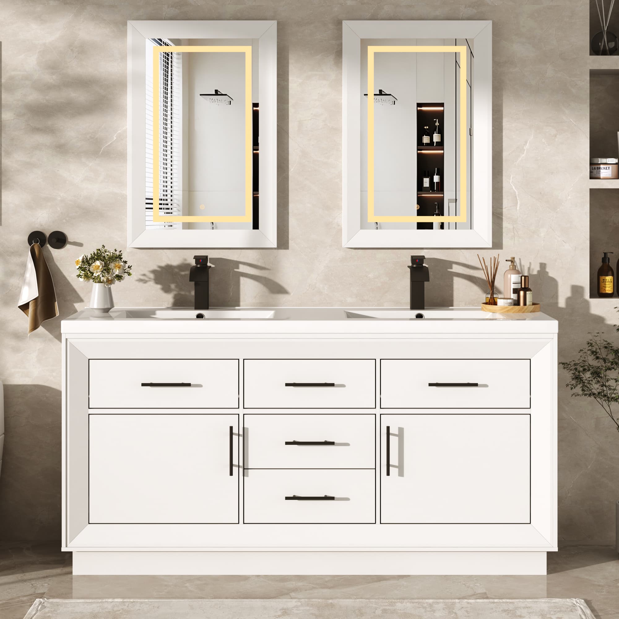 60 inch Bathroom Vanity with Sink and Mirror Faucets