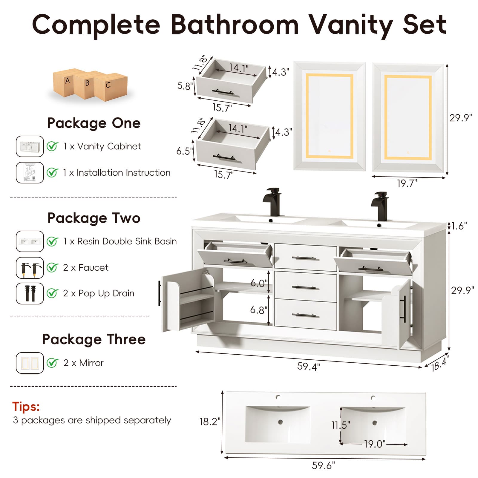 60 inch Bathroom Vanity with Sink and Mirror Faucets