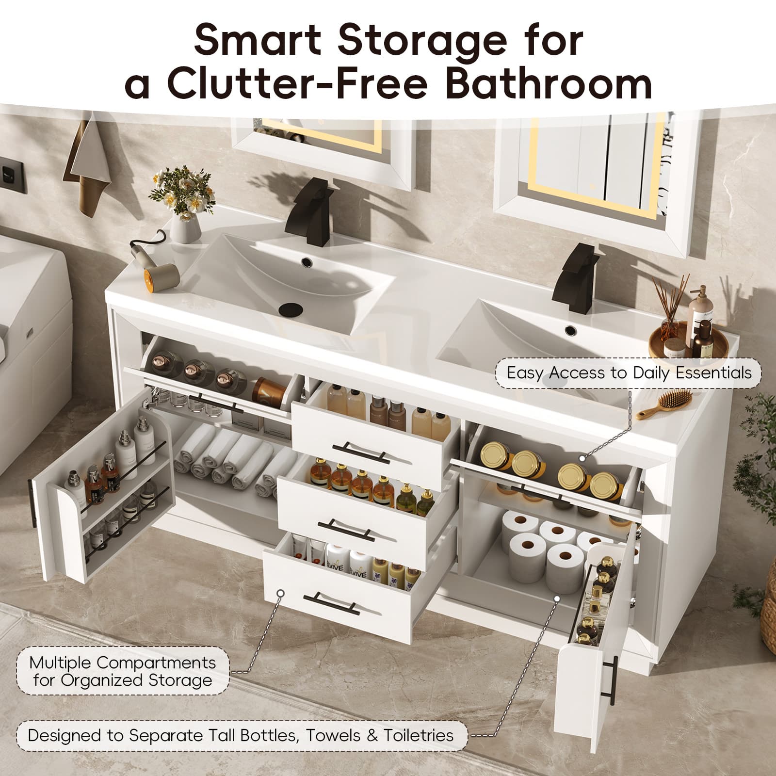 60 inch Bathroom Vanity with Sink and Mirror Faucets