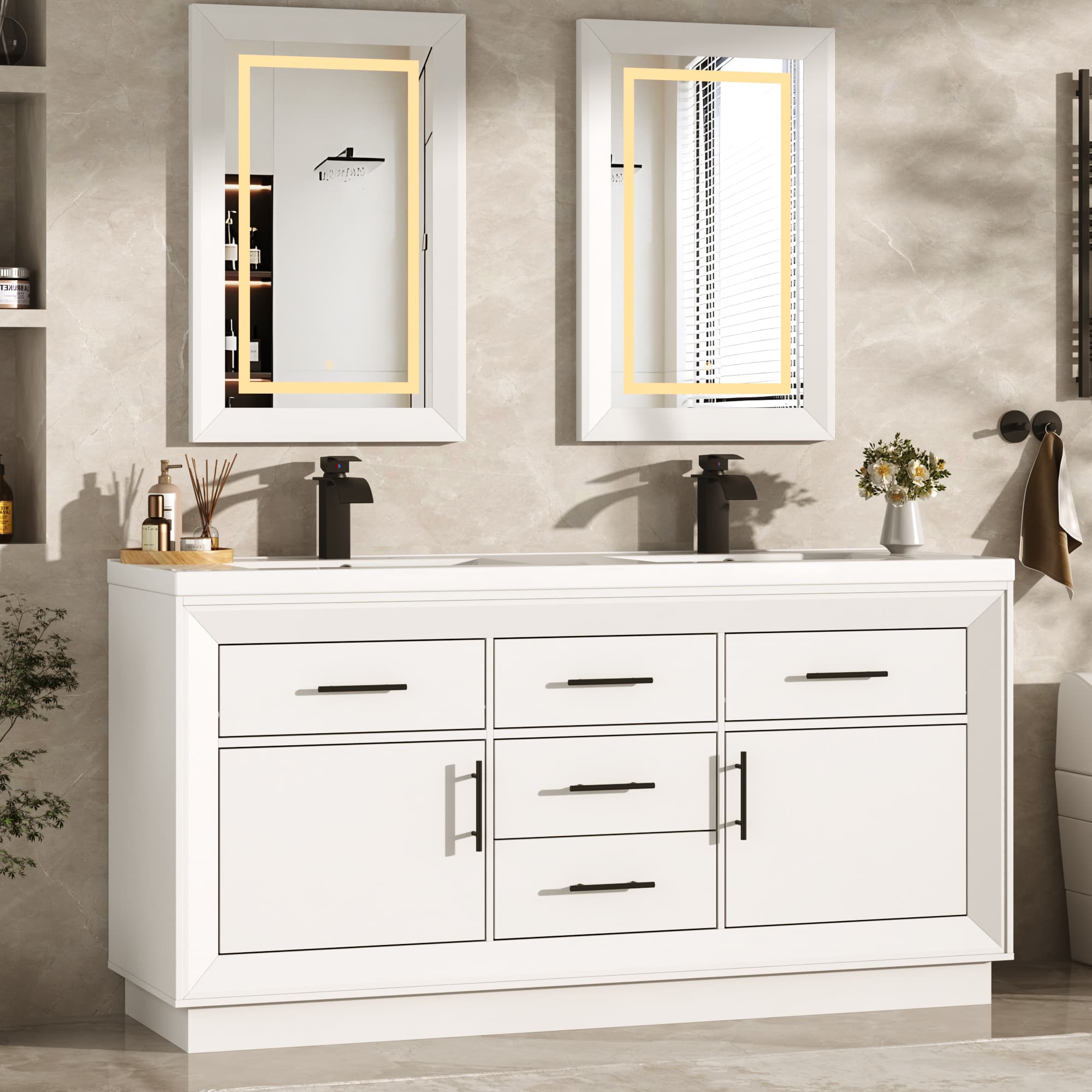 60 inch Bathroom Vanity with Sink and Mirror Faucets