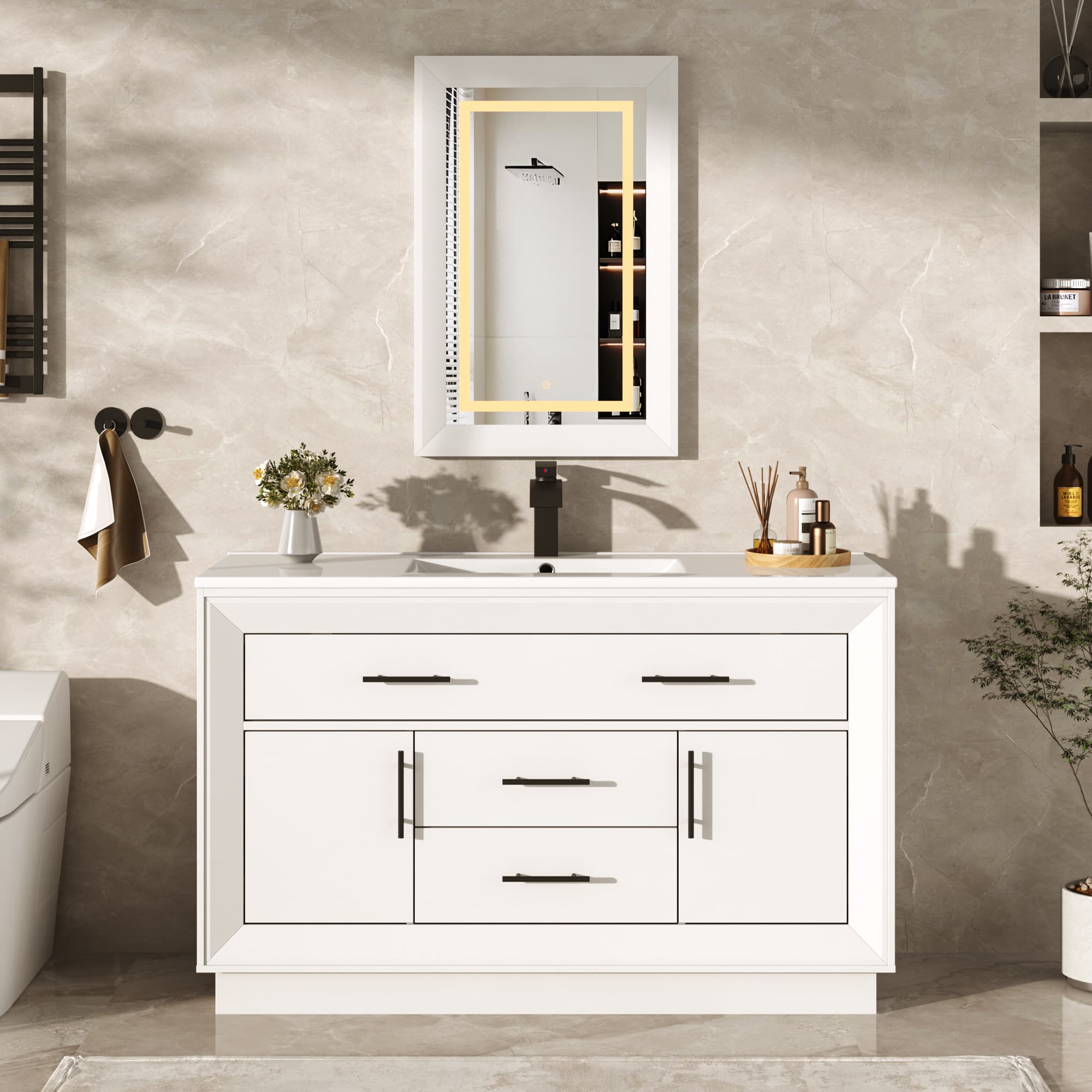 48 inch Bathroom Vanity with Sink and Mirror Faucets