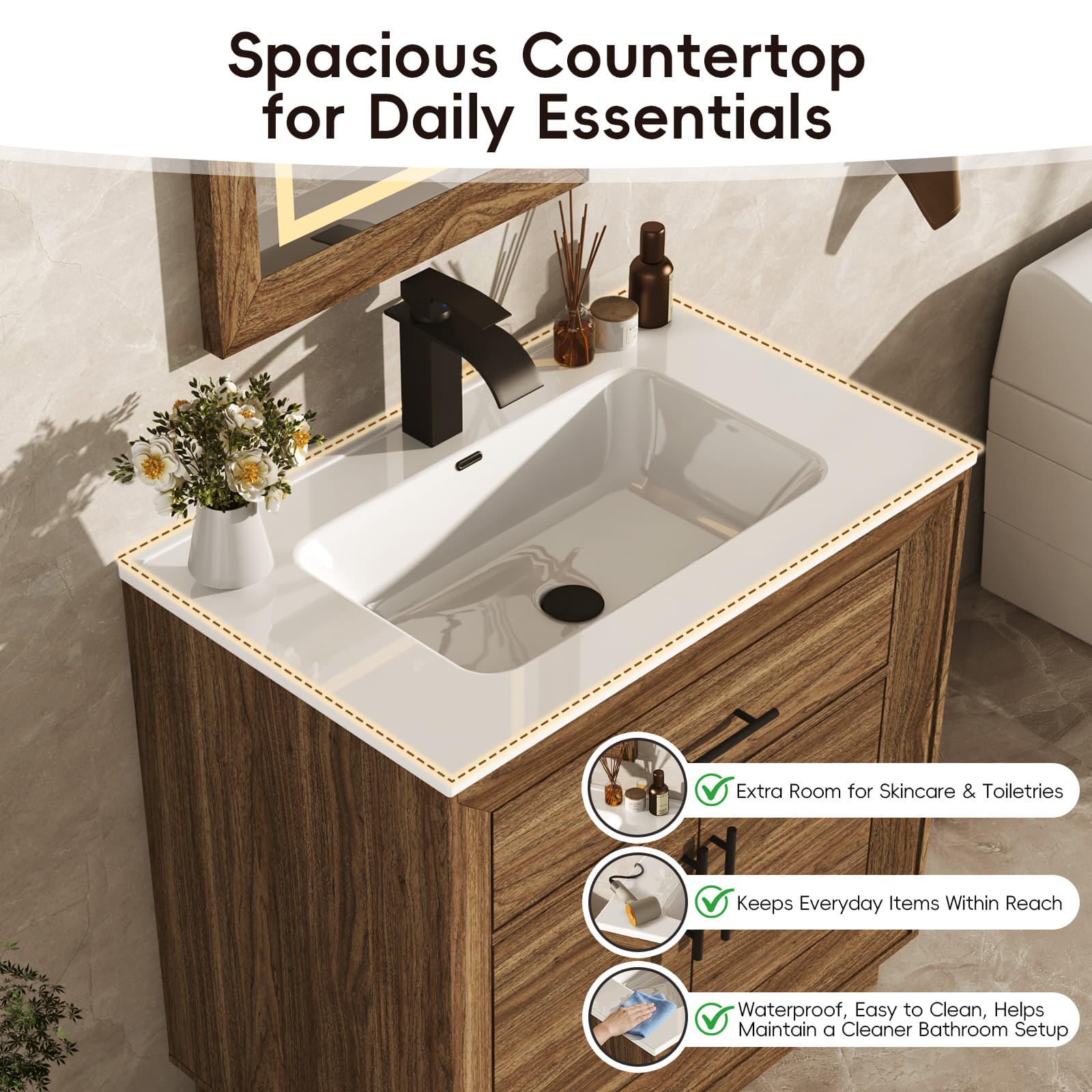 30" Modern Bathroom Vanity Set with Ceramic Sink, LED Mirror