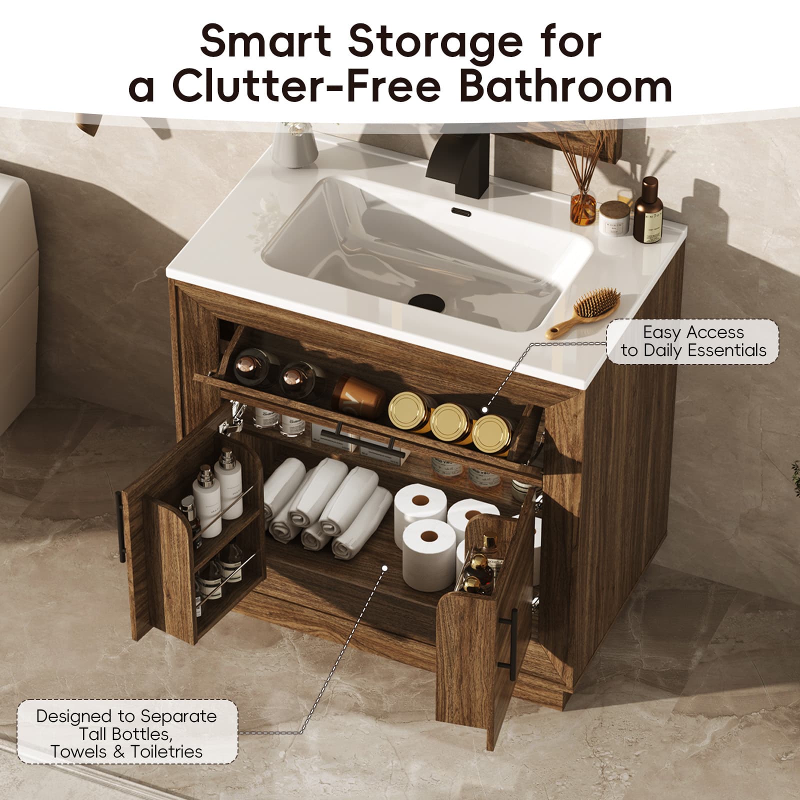 30" Modern Bathroom Vanity Set with Ceramic Sink, LED Mirror