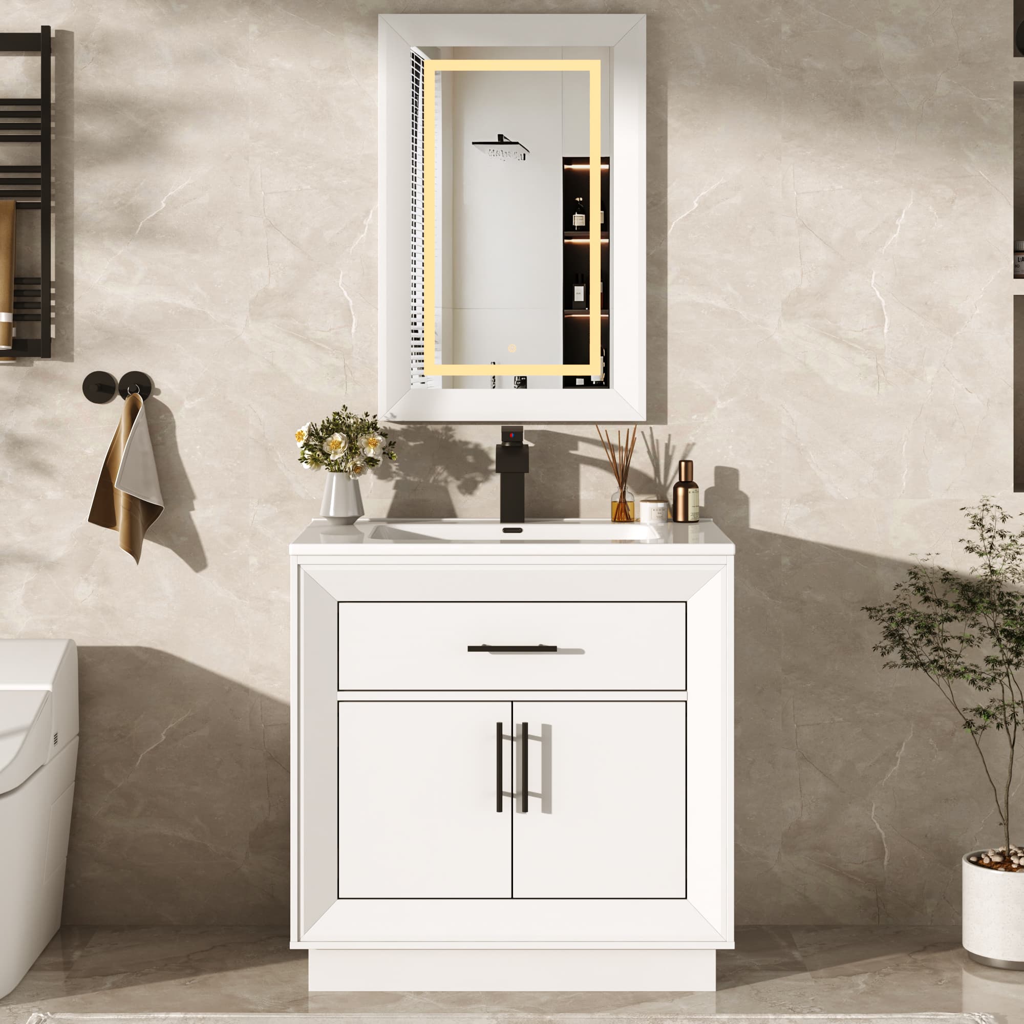 30" Modern Bathroom Vanity Set with Ceramic Sink, LED Mirror