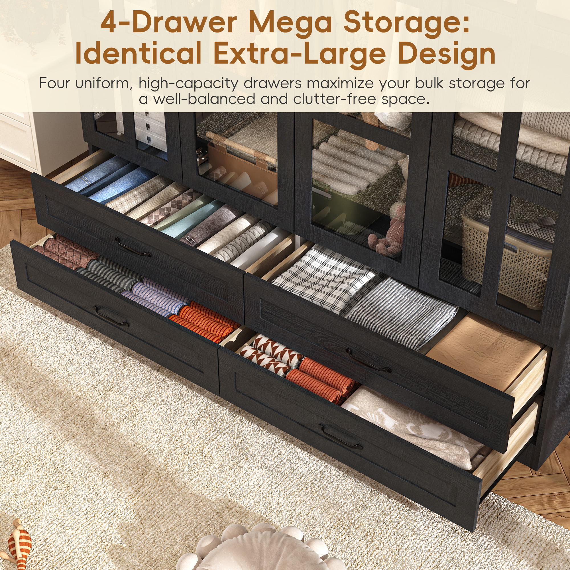 Blotout Arched Armoire Wardrobe Closet with LED Light & Glass Doors, 75" Tall 4 Door Armoire Closet with 4 Drawers & Storage Shelves, Large Bedroom Storage Clothes Organizer with Hanging Rod