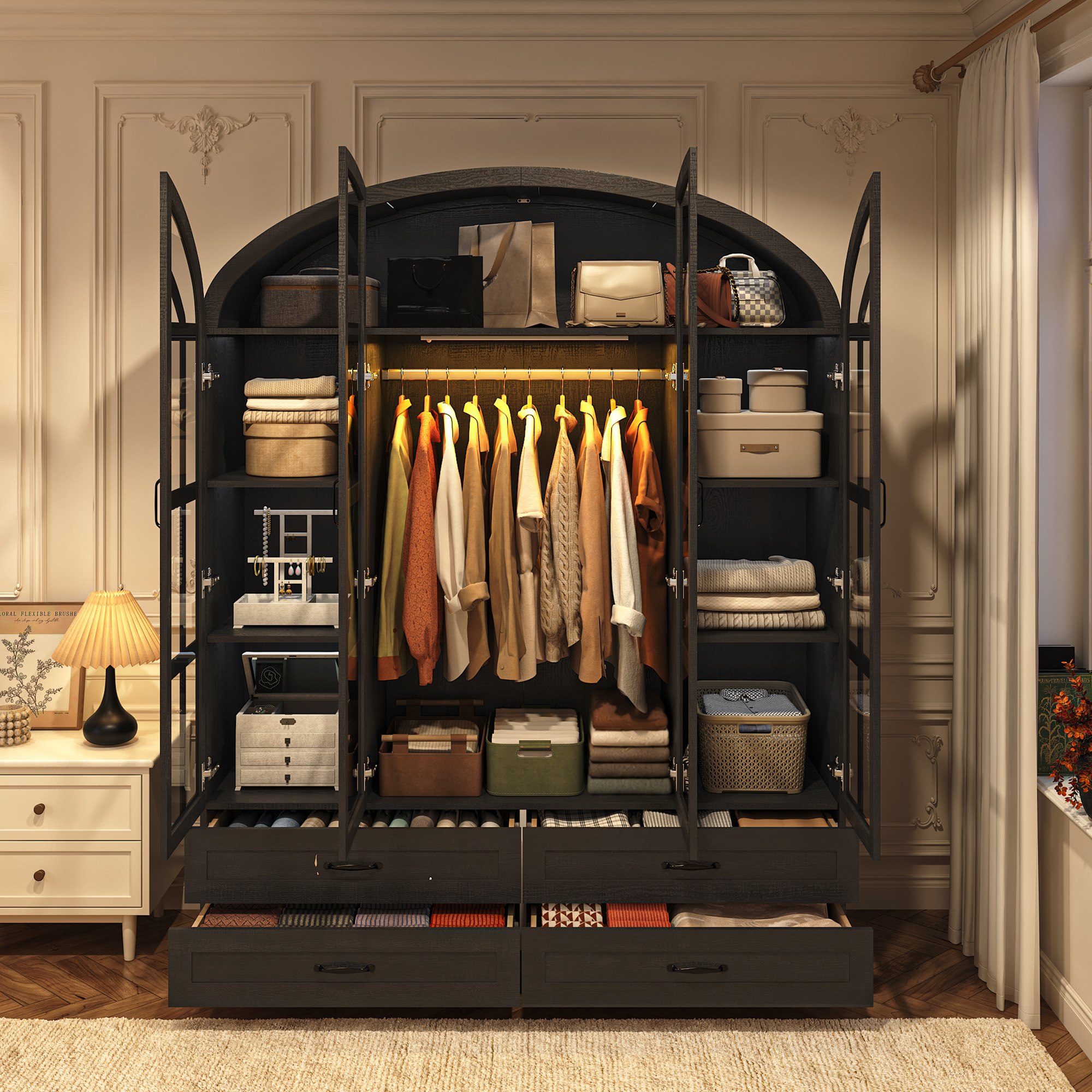 Blotout Arched Armoire Wardrobe Closet with LED Light & Glass Doors, 75" Tall 4 Door Armoire Closet with 4 Drawers & Storage Shelves, Large Bedroom Storage Clothes Organizer with Hanging Rod