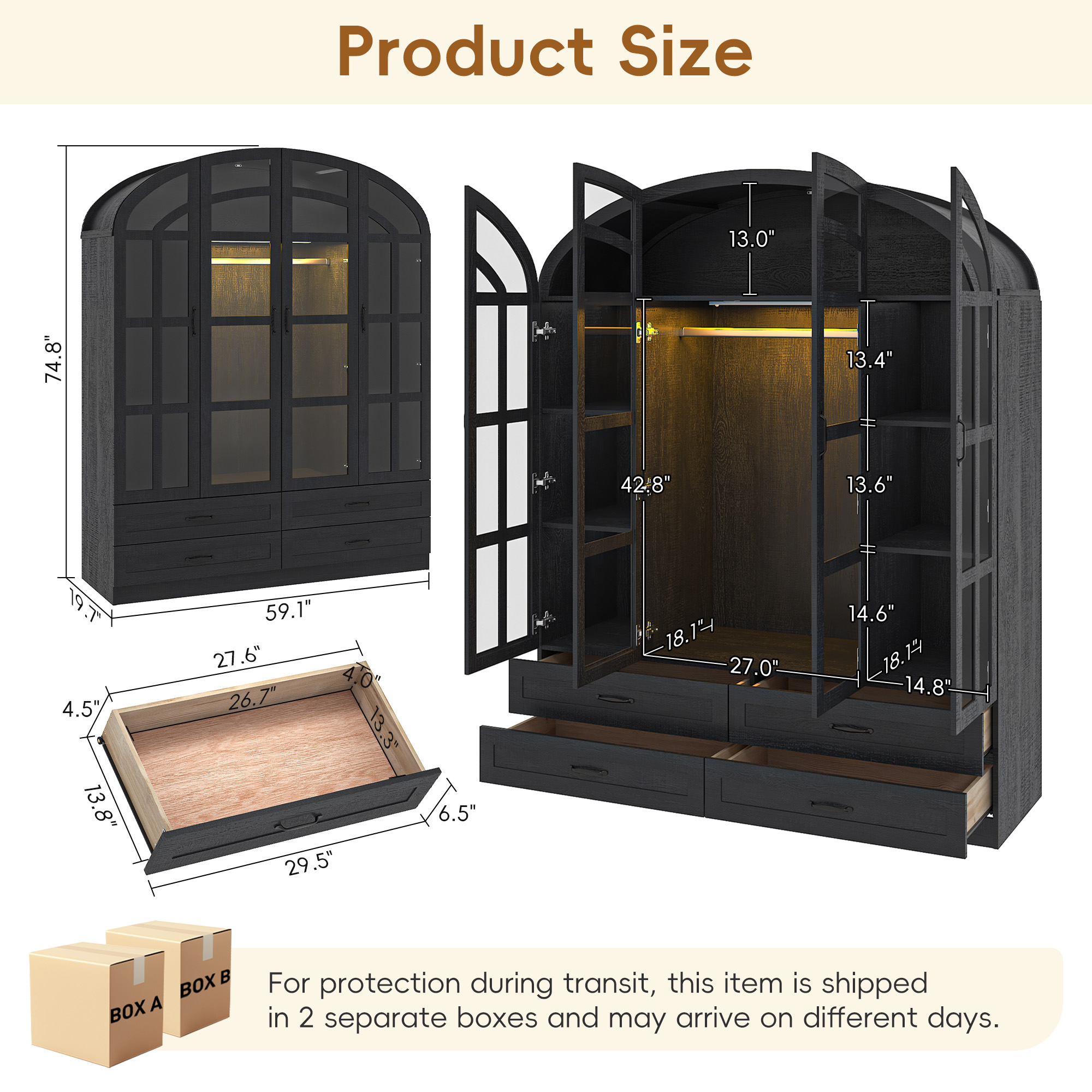 Blotout Arched Armoire Wardrobe Closet with LED Light & Glass Doors, 75" Tall 4 Door Armoire Closet with 4 Drawers & Storage Shelves, Large Bedroom Storage Clothes Organizer with Hanging Rod
