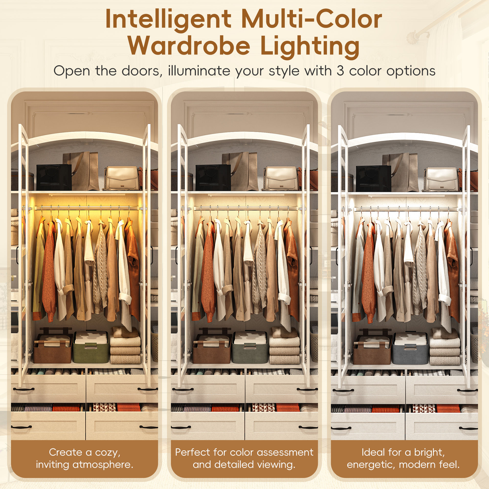 Blotout Arched Armoire Wardrobe Closet with LED Light & Glass Doors, 75" Tall 4 Door Armoire Closet with 4 Drawers & Storage Shelves, Large Bedroom Storage Clothes Organizer with Hanging Rod
