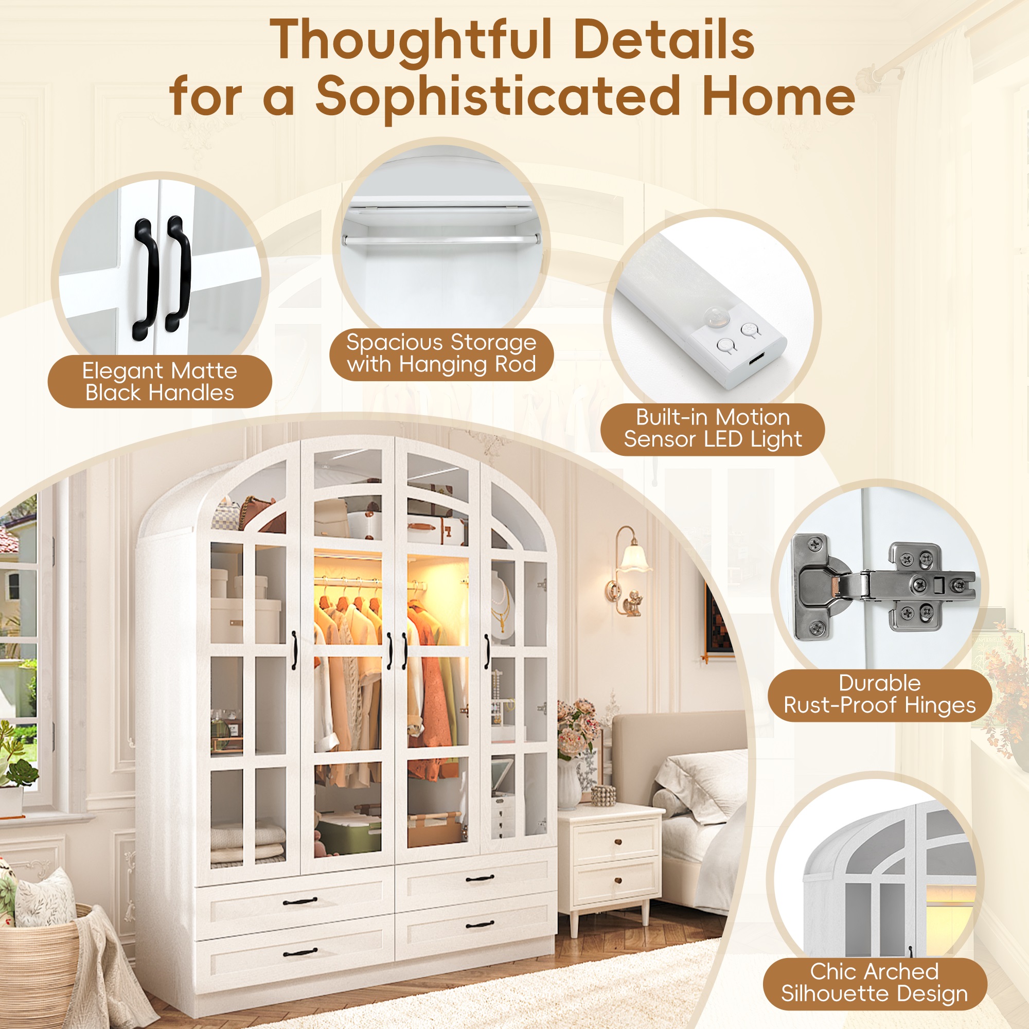 Blotout Arched Armoire Wardrobe Closet with LED Light & Glass Doors, 75" Tall 4 Door Armoire Closet with 4 Drawers & Storage Shelves, Large Bedroom Storage Clothes Organizer with Hanging Rod