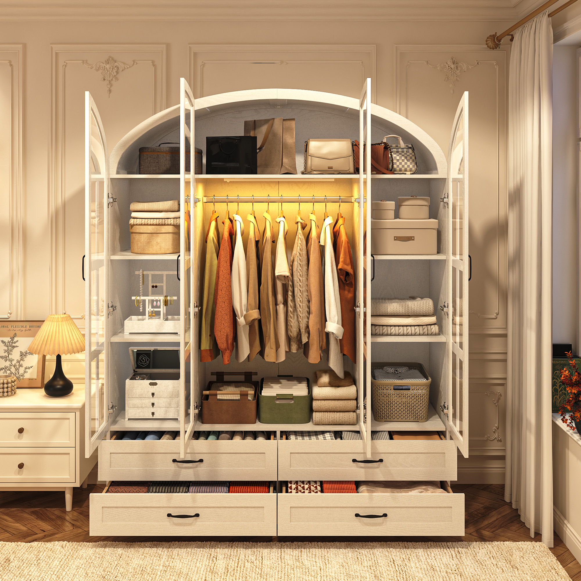 Blotout Arched Armoire Wardrobe Closet with LED Light & Glass Doors, 75" Tall 4 Door Armoire Closet with 4 Drawers & Storage Shelves, Large Bedroom Storage Clothes Organizer with Hanging Rod