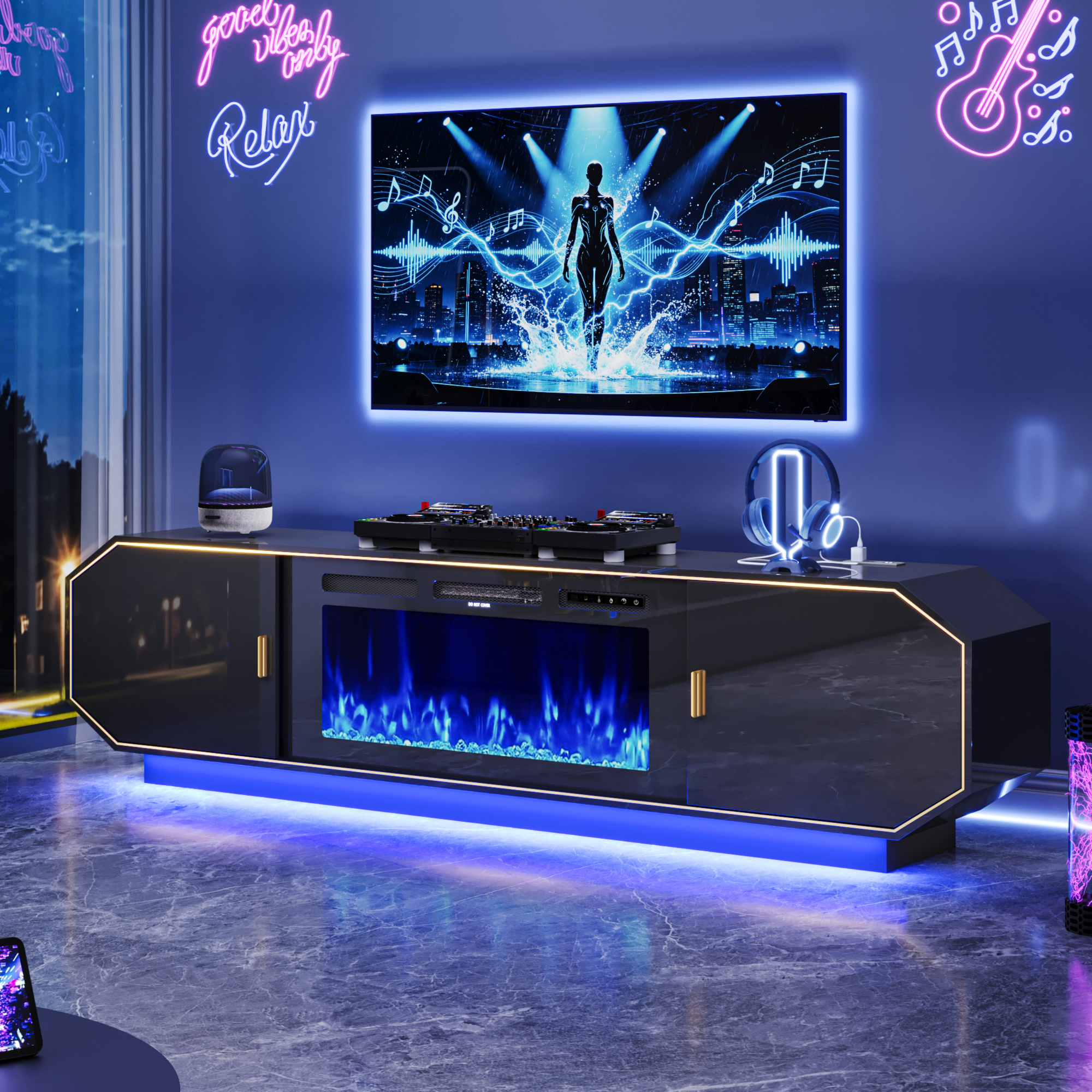 Blotout 80.7" Fireplace TV Stand with 40" Electric Fireplace, LED Lights
