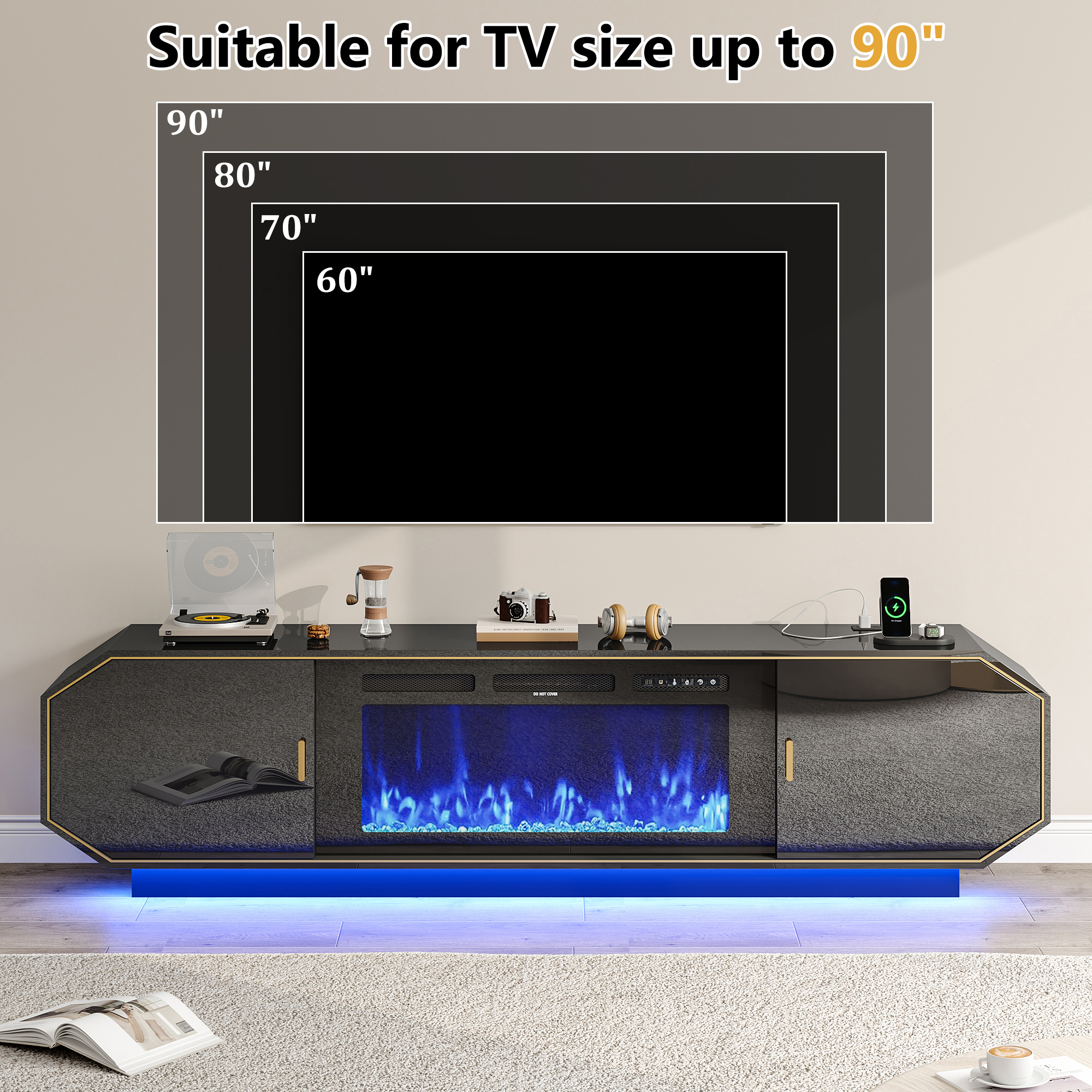 Blotout 80.7" Fireplace TV Stand with 40" Electric Fireplace, LED Lights