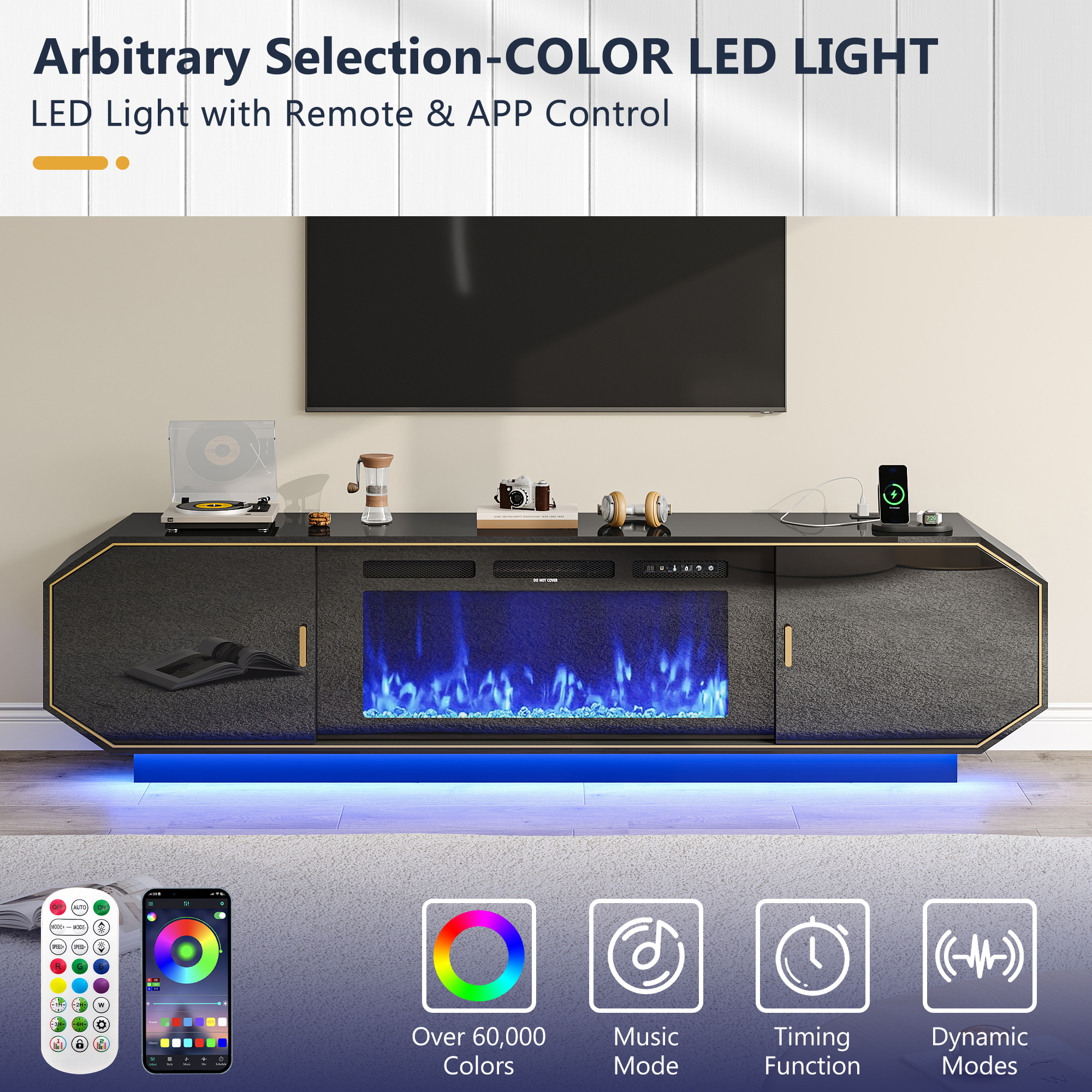 Blotout 80.7" Fireplace TV Stand with 40" Electric Fireplace, LED Lights