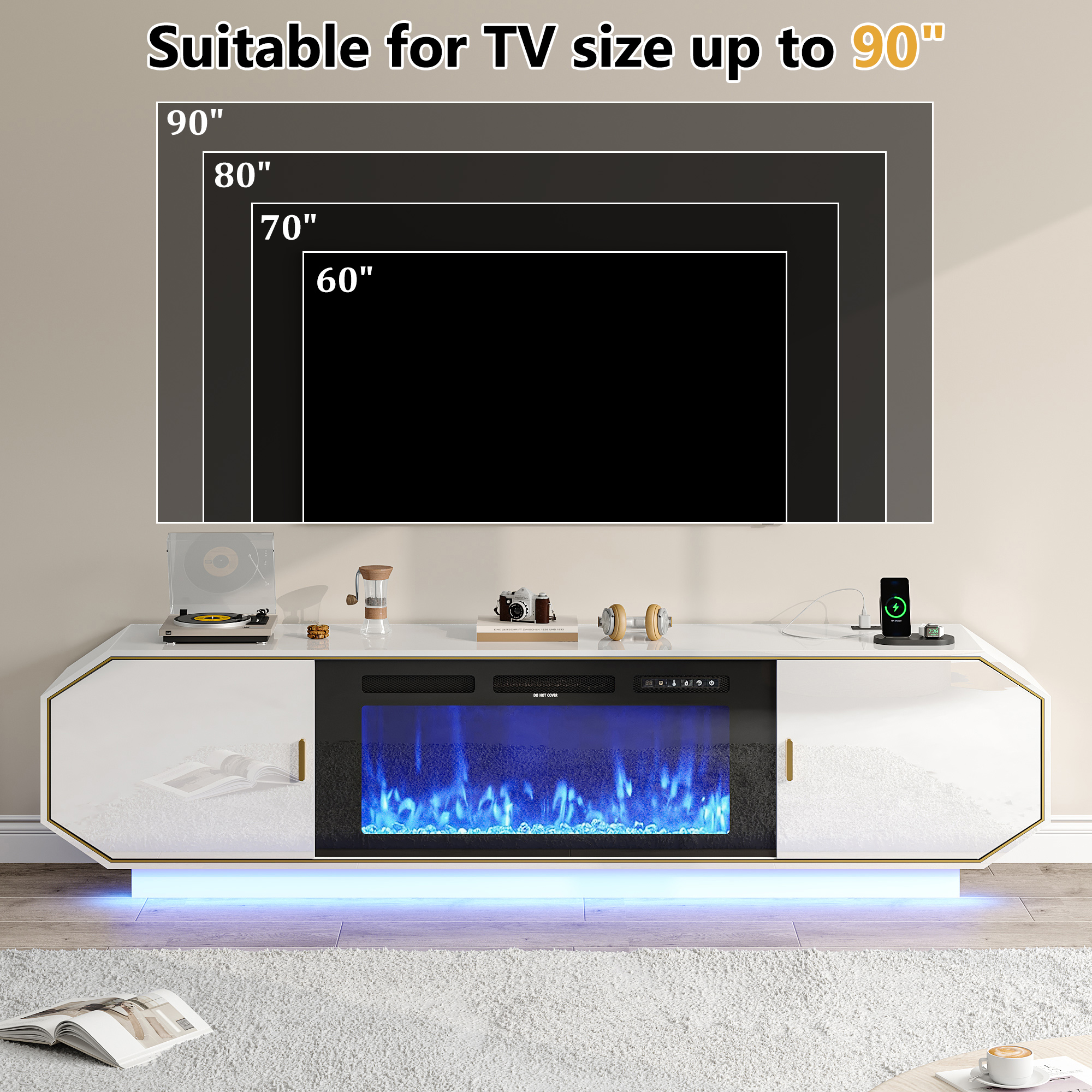 Blotout 80.7" Fireplace TV Stand with 40" Electric Fireplace, LED Lights
