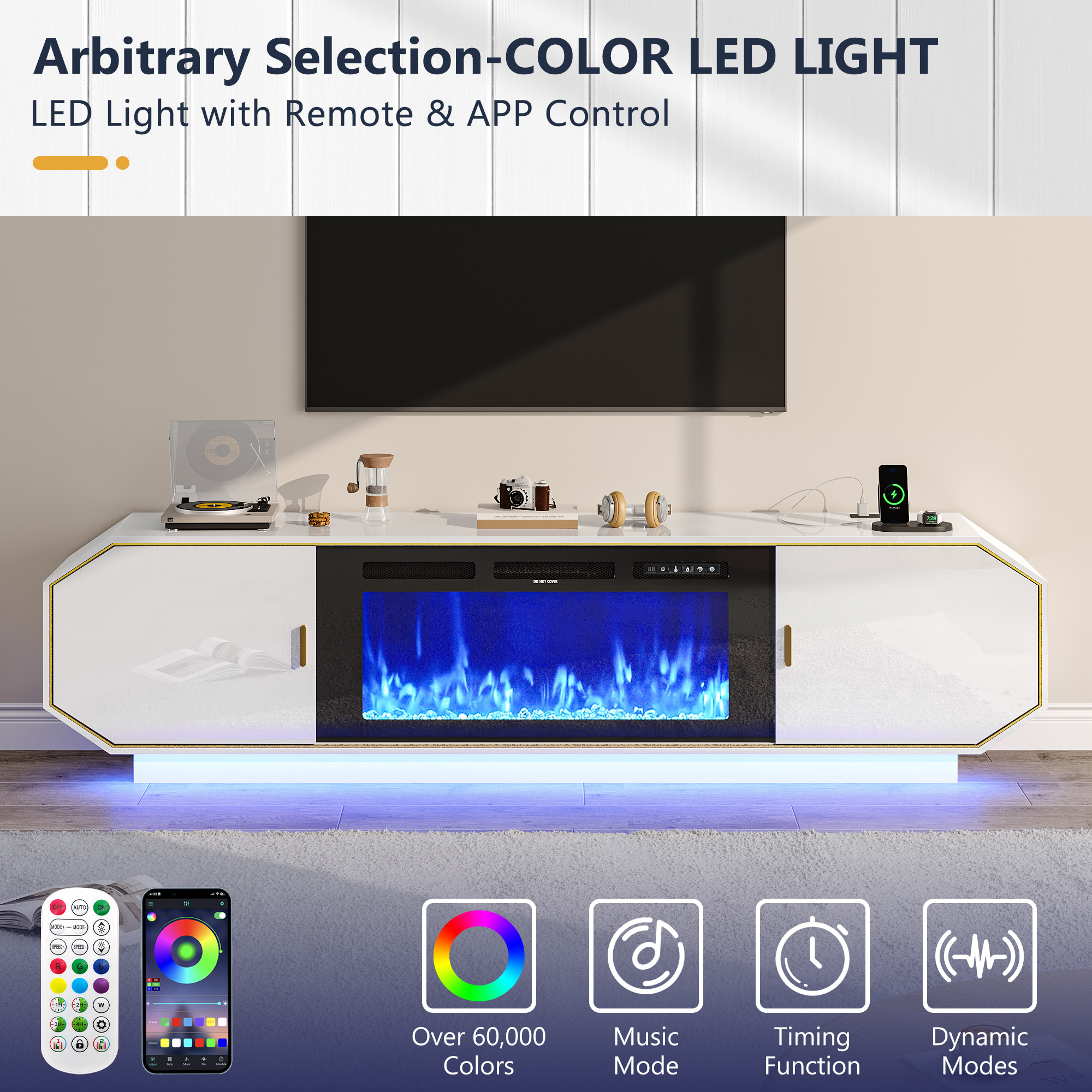 Blotout 80.7" Fireplace TV Stand with 40" Electric Fireplace, LED Lights