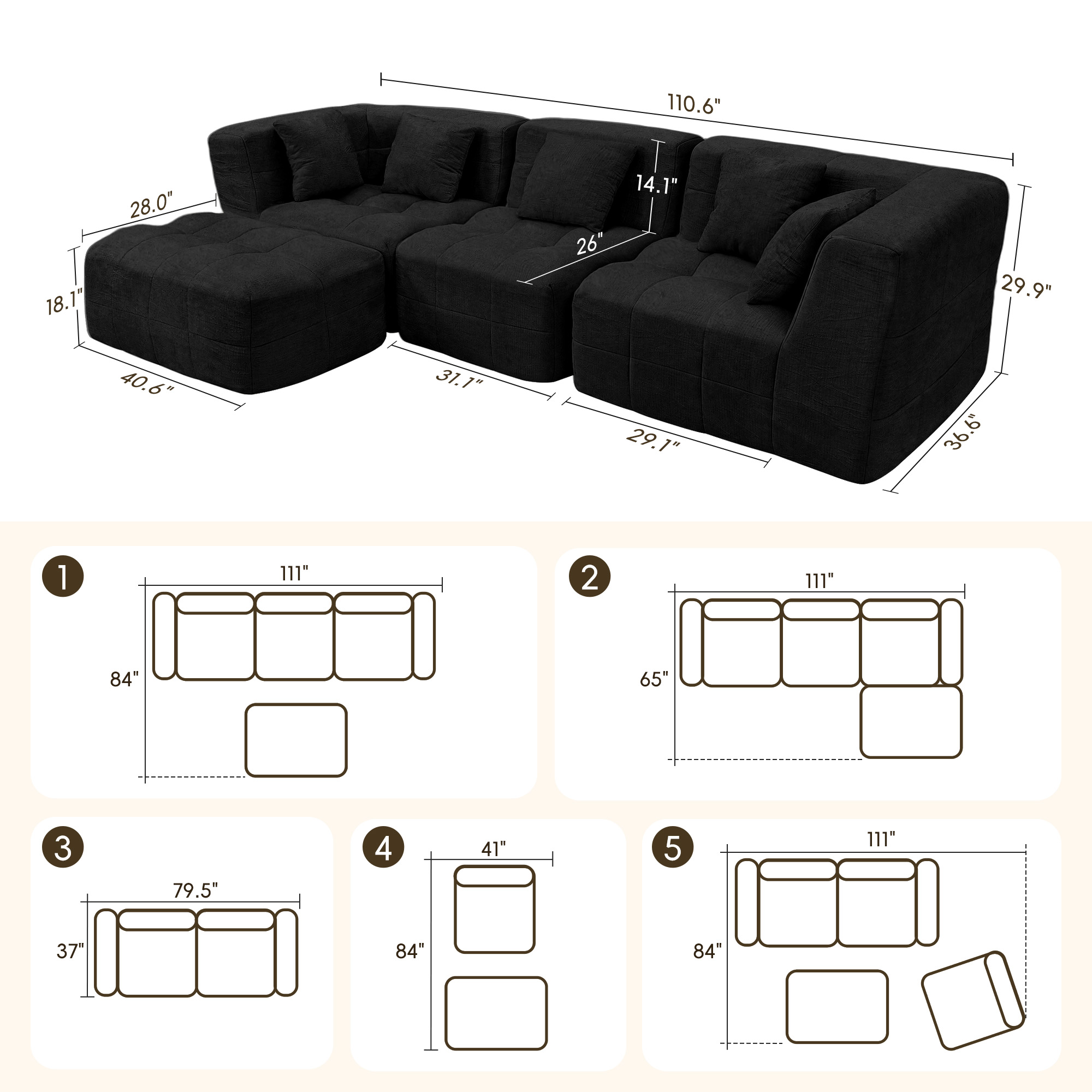 110" Chenille Modular Sectional Sofa