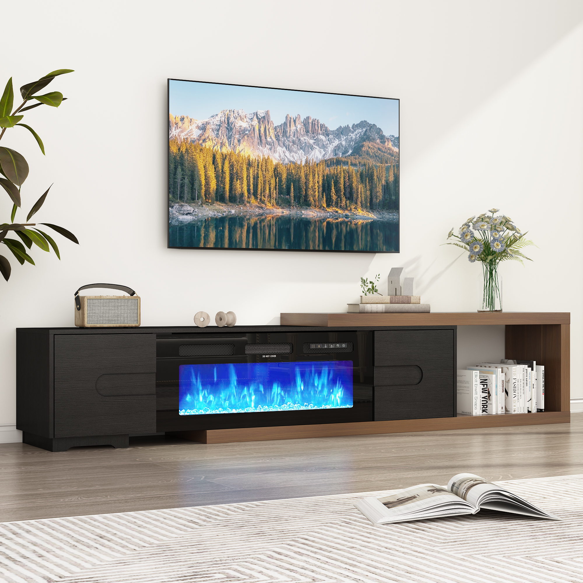 Blotout 110" Extendable Fireplace TV Stand with 36" Fireplace for TVs up to 120"