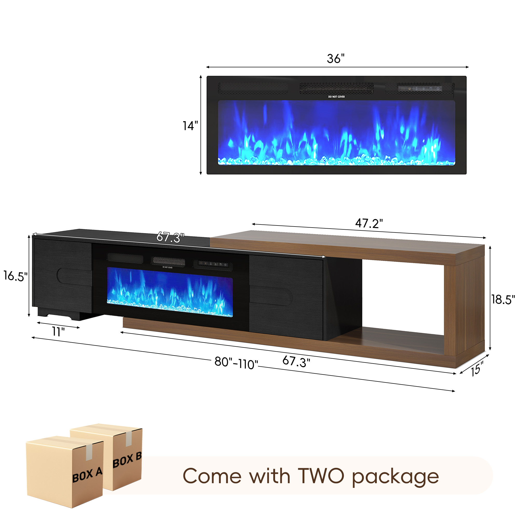 Blotout 110" Extendable Fireplace TV Stand with 36" Fireplace for TVs up to 120"