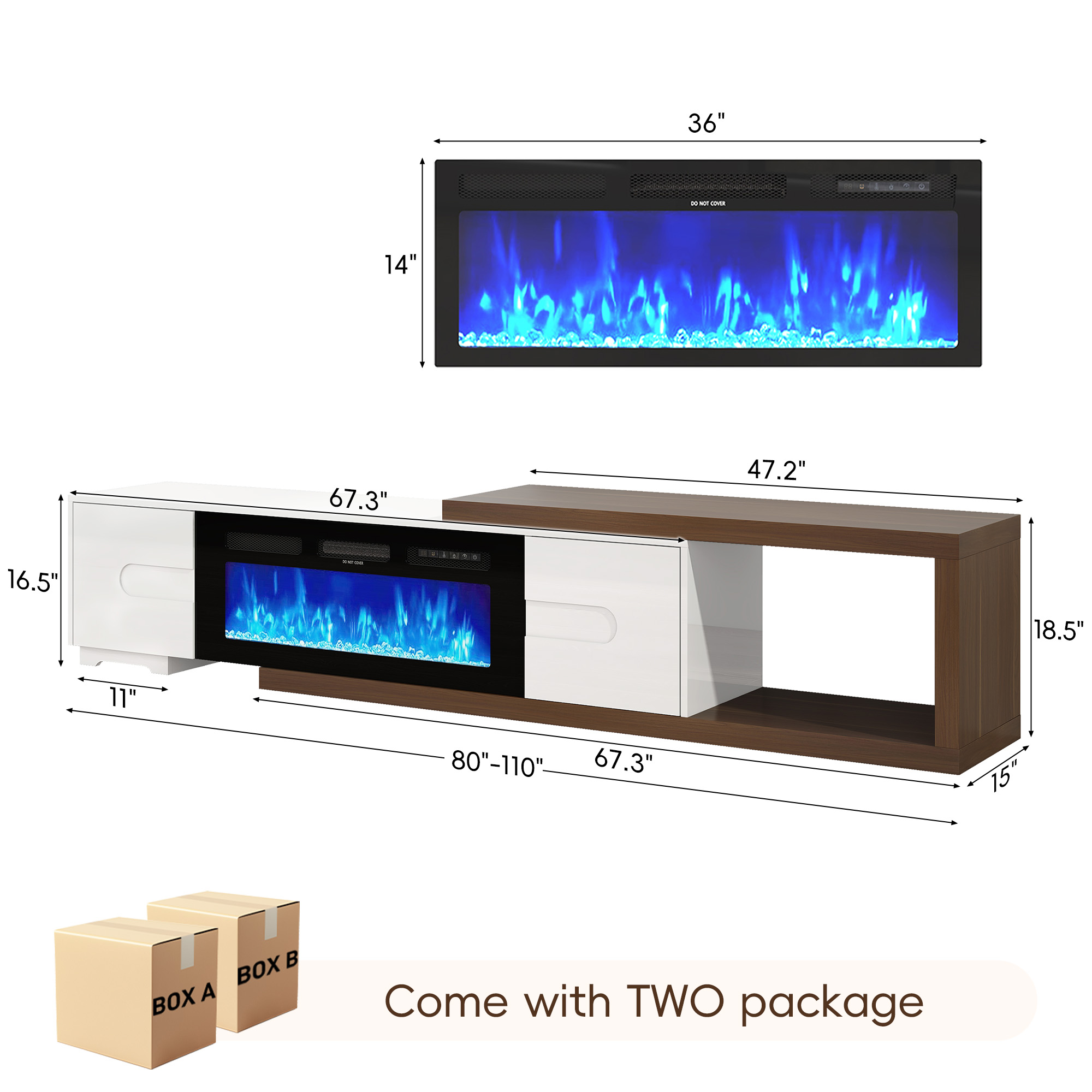 Blotout 110" Extendable Fireplace TV Stand with 36" Fireplace for TVs up to 120"