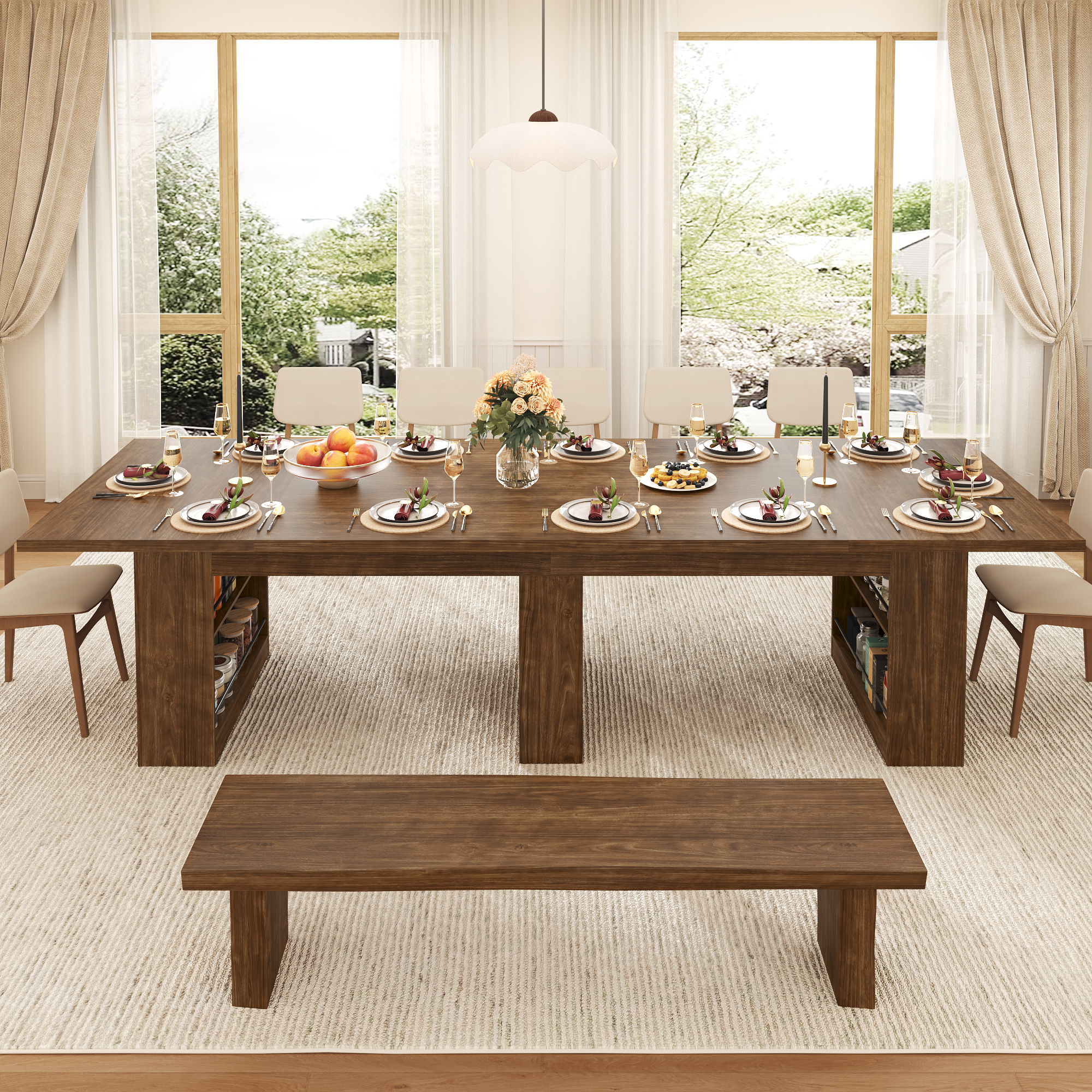 Blotout 126" Extra Long Farmhouse Dining Table for 10-14, Rustic Walnut Wood Kitchen Table with Storage Shelves, Heavy Duty Double Pedestal Base, Walnut