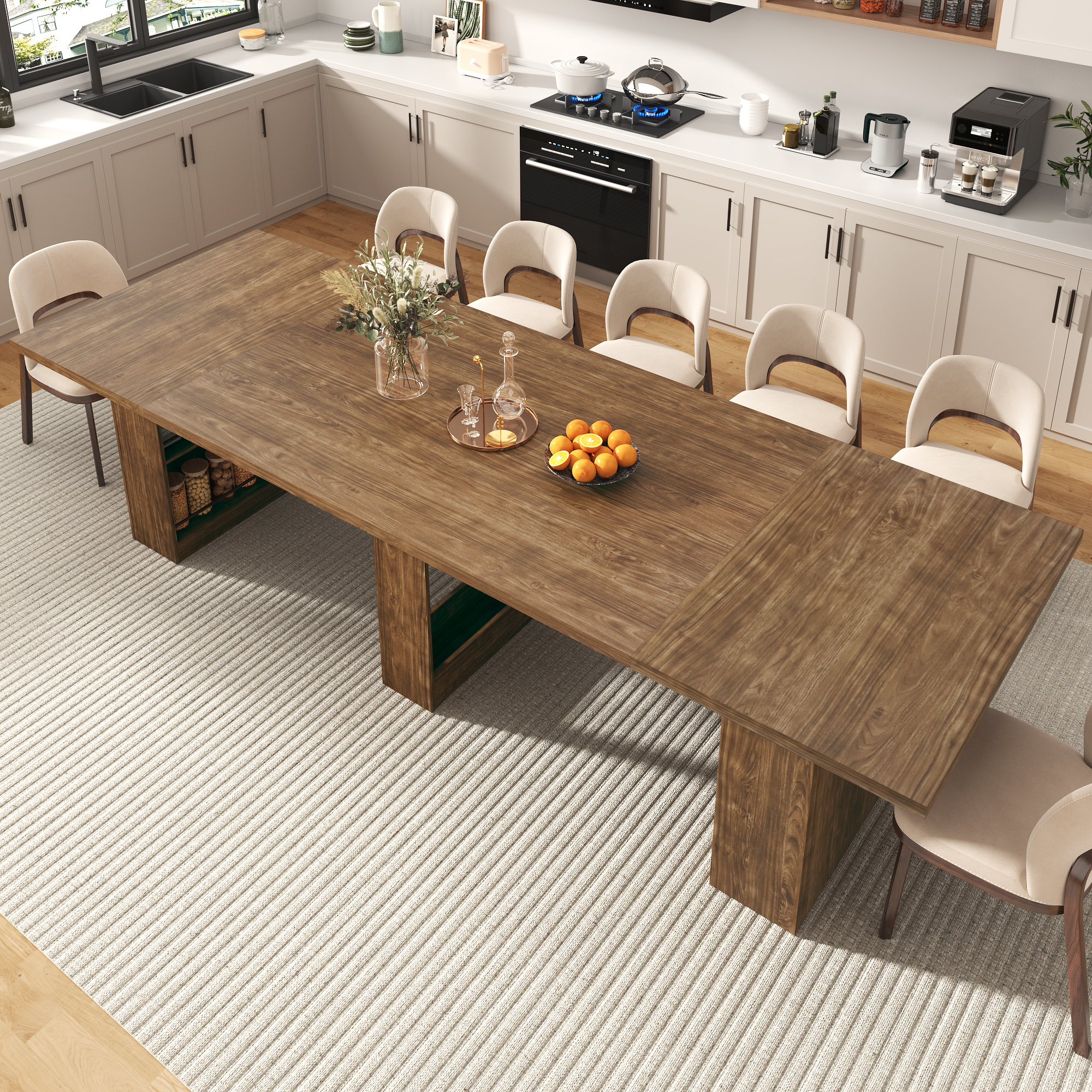 126" Extra Long Dining Table for 10-14 People, Large Farmhouse Kitchen Table w/ Storage Base, Heavy Duty Rustic Walnut Wood Grain Rectangular Dinner Table for Family Gathering & Holiday Entertaining