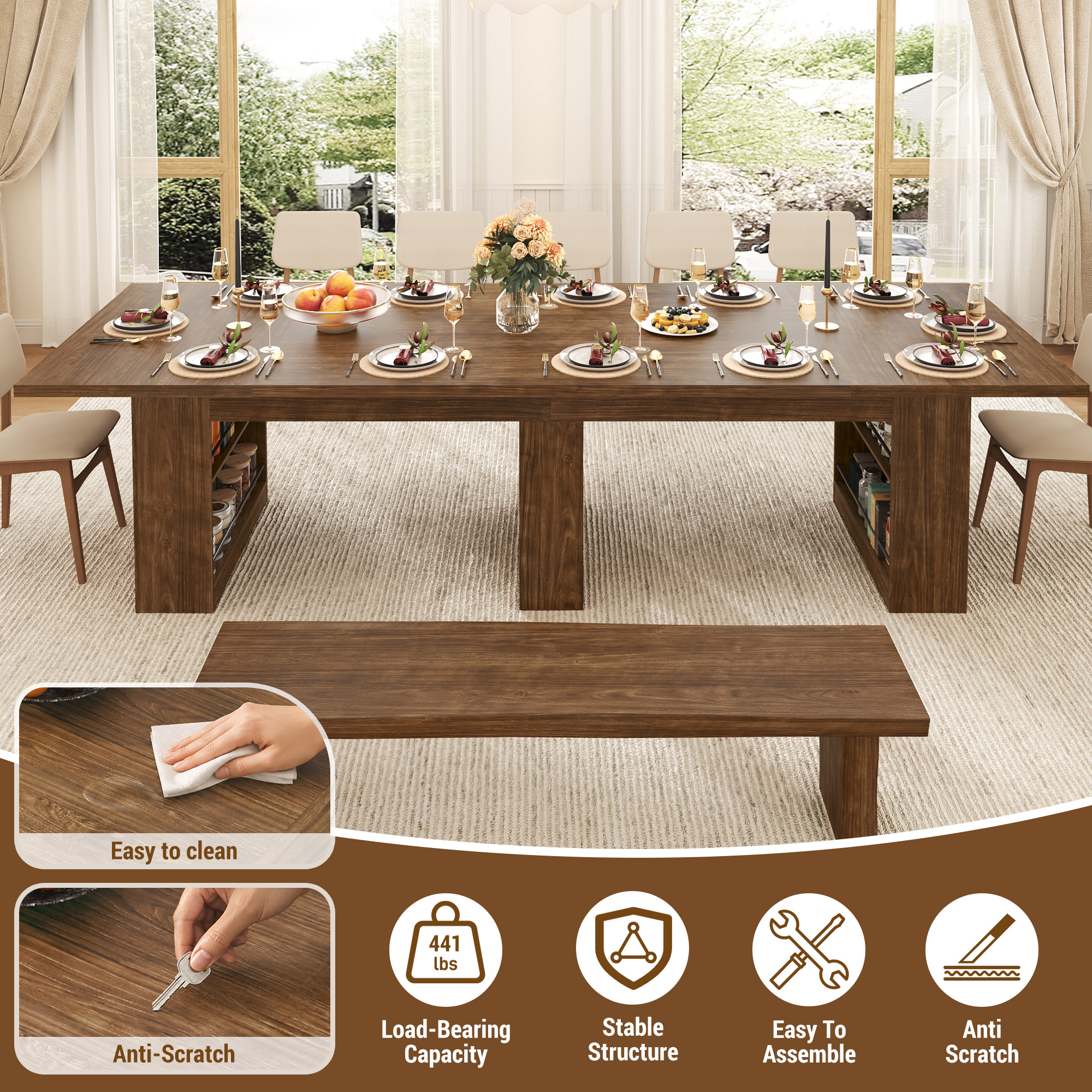 126" Extra Long Dining Table for 10-14 People, Large Farmhouse Kitchen Table w/ Storage Base, Heavy Duty Rustic Walnut Wood Grain Rectangular Dinner Table for Family Gathering & Holiday Entertaining